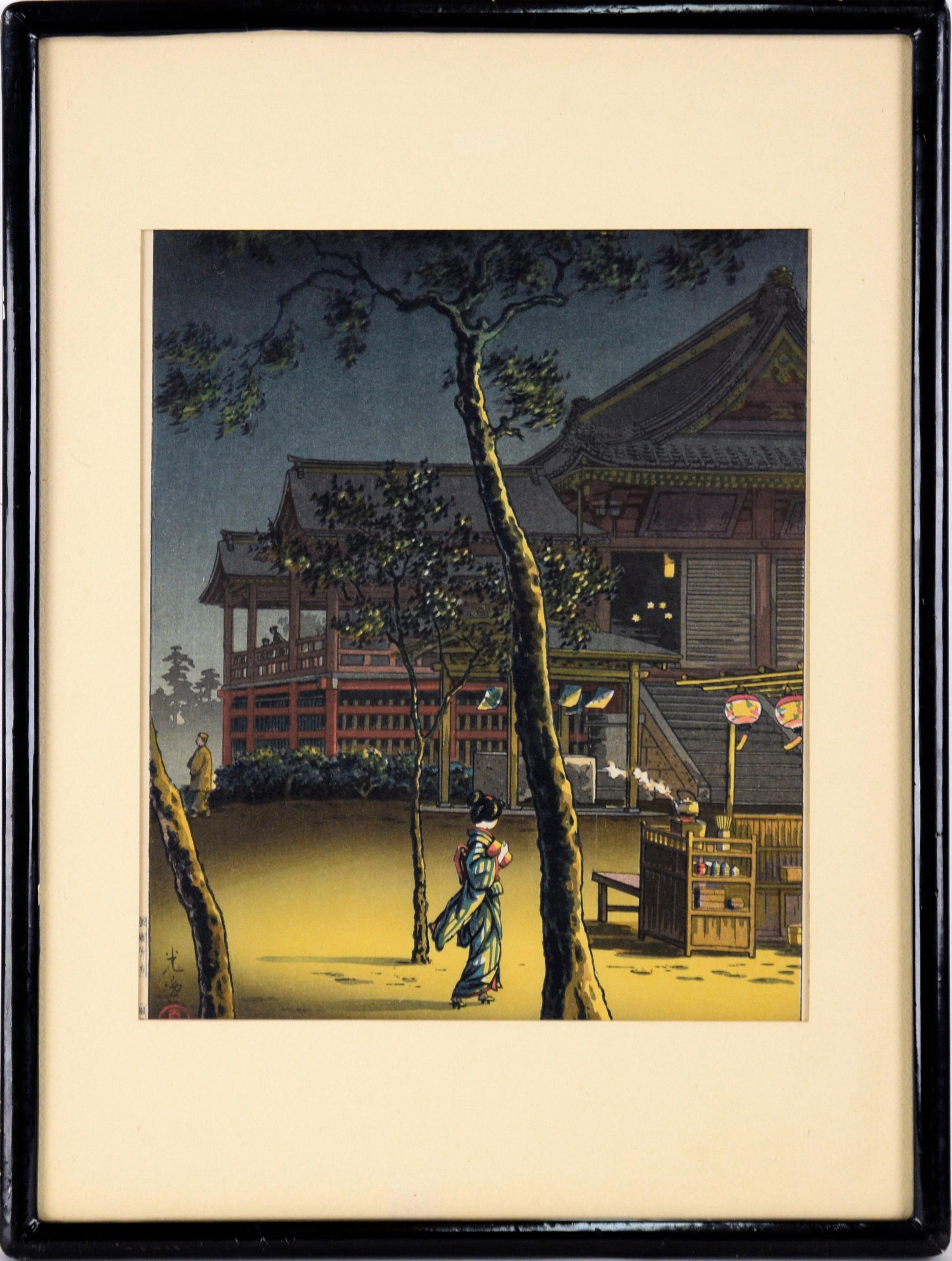Tsuchiya Koitsu Figurative Print - Tea Shop at Kiyomizu (Early Printing) - Nocturnal Woodblock Print on Paper