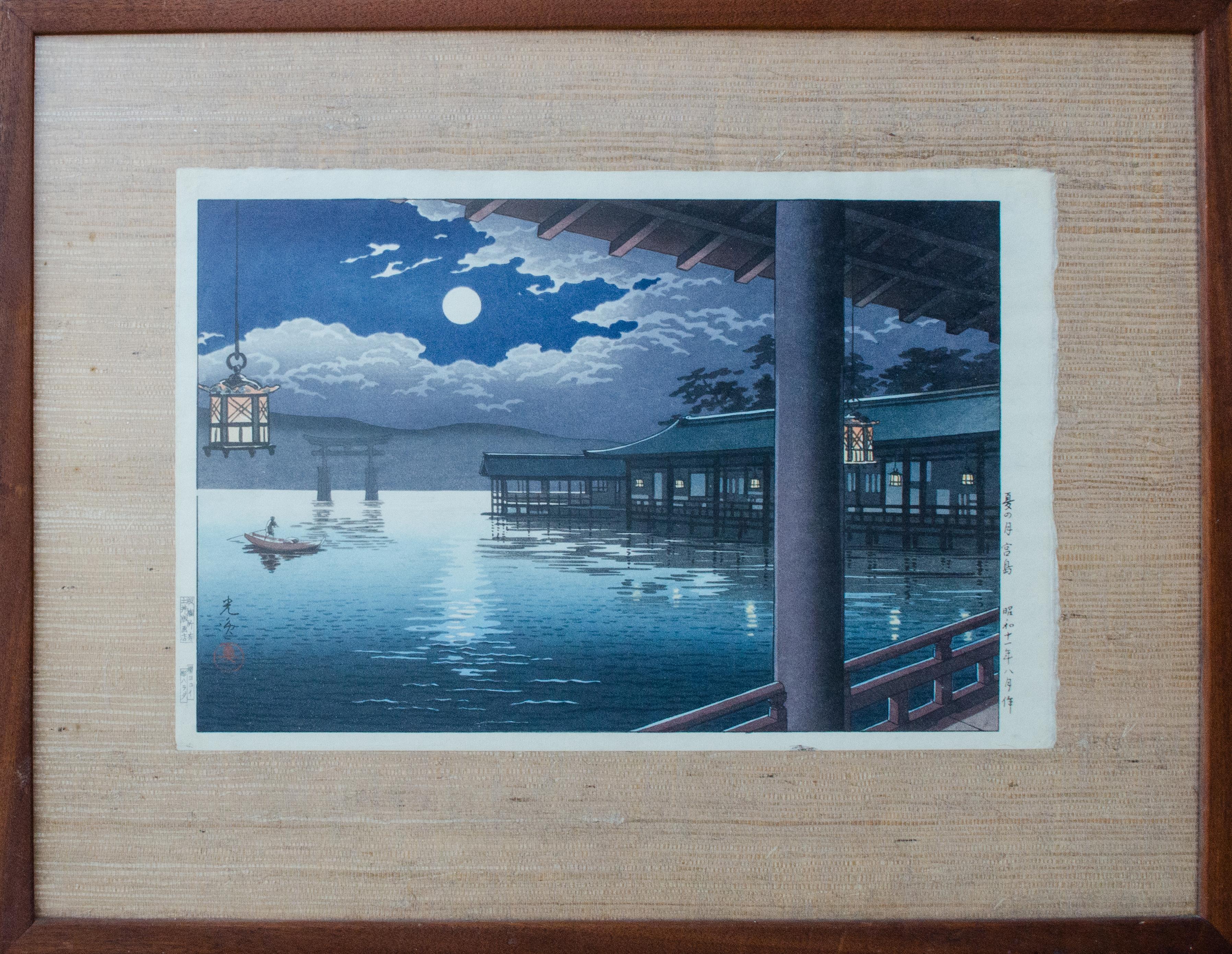 Tsuchiya Koitsu (Giapponese, 1870-1949)
Luna d'estate a Miyajima, 1936
Stampa woodblock
Vista: 11 x 16 1/2 pollici (foglio)
Incorniciato: 18 5/8 x 23 7/8 x 5/8 pollici.

**La stampa si è staccata dalla cornice** Dovrà essere riattaccata alla tavola