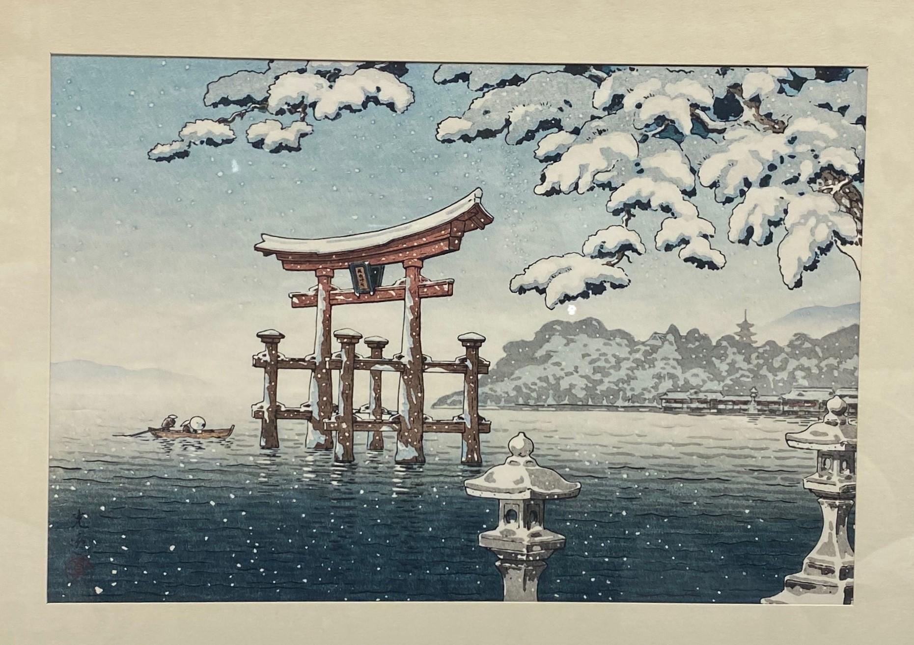 Japonais Tsuchiya Koitsu, japonais Early Showa, gravure sur bois de neige à Miyajima, signée en vente