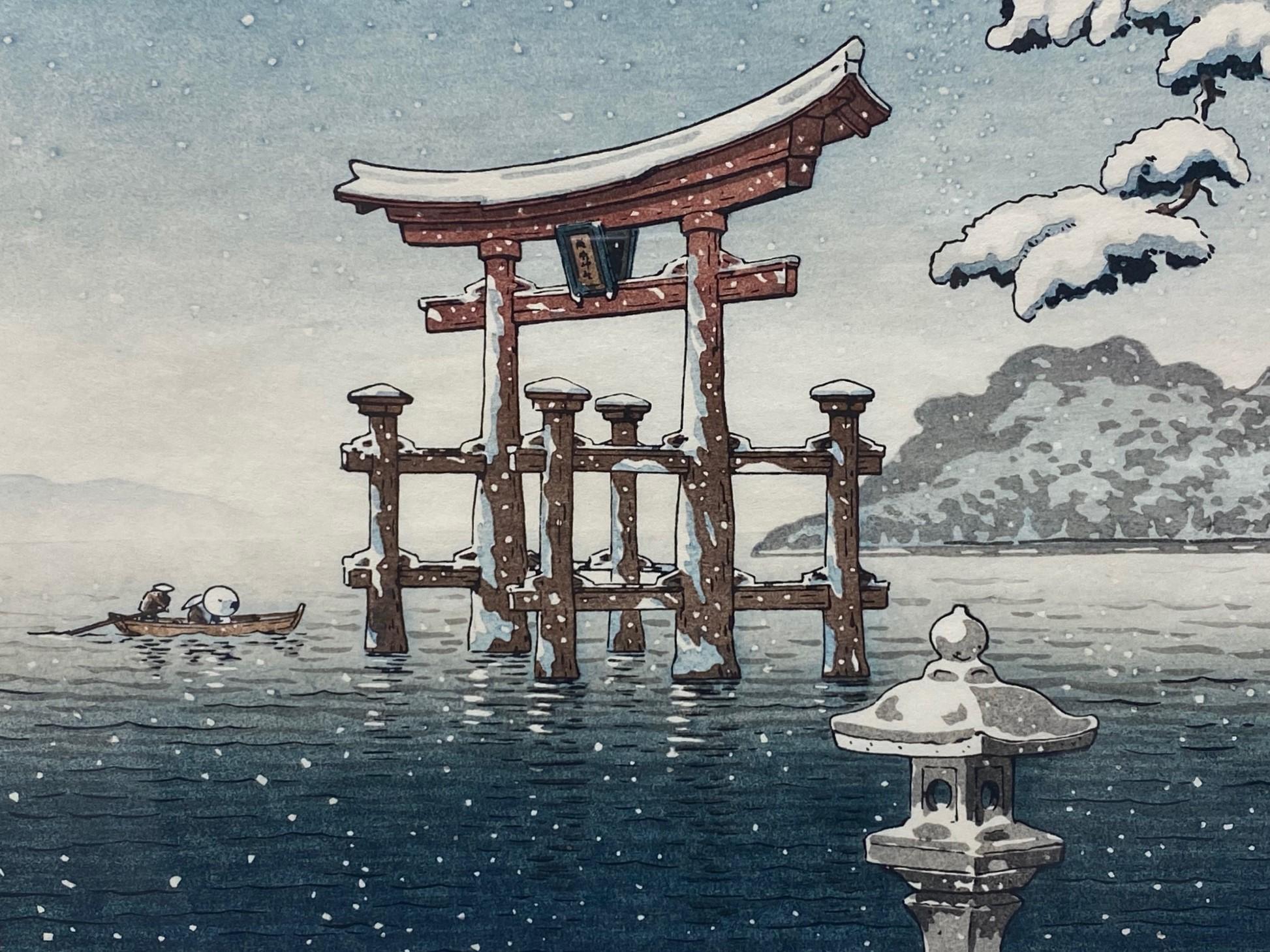 20th Century Tsuchiya Koitsu Signed Japanese Early Showa Woodblock Print Snow at Miyajima For Sale