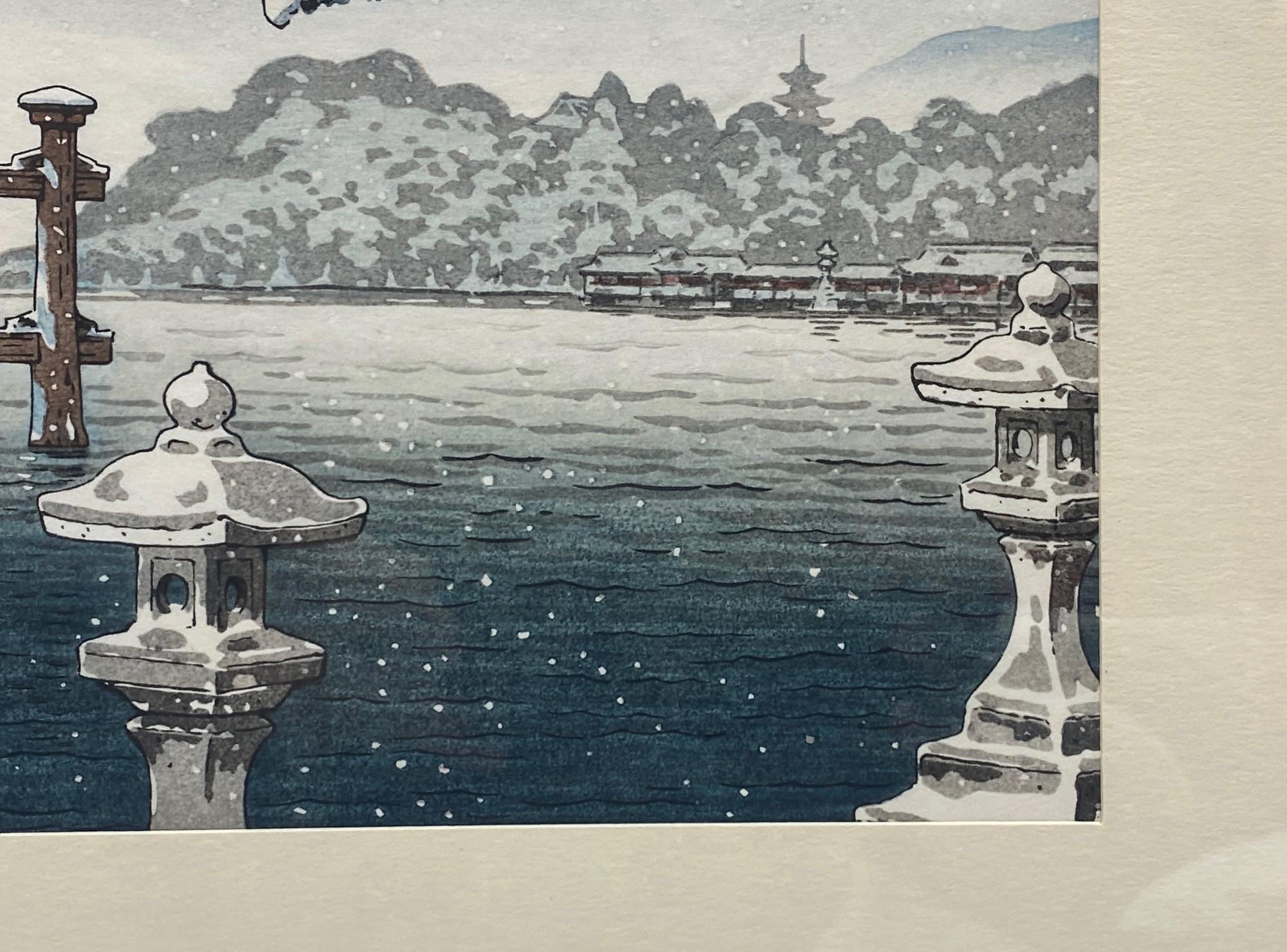 Tsuchiya Koitsu, japonais Early Showa, gravure sur bois de neige à Miyajima, signée en vente 2