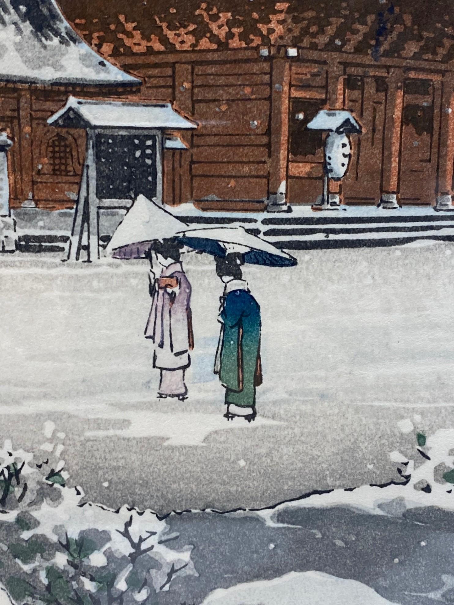 Tsuchiya Koitsu Signierter japanischer Showa Zojo-ji- Tempel in Schnee mit Holzschnitt-Druck im Angebot 4