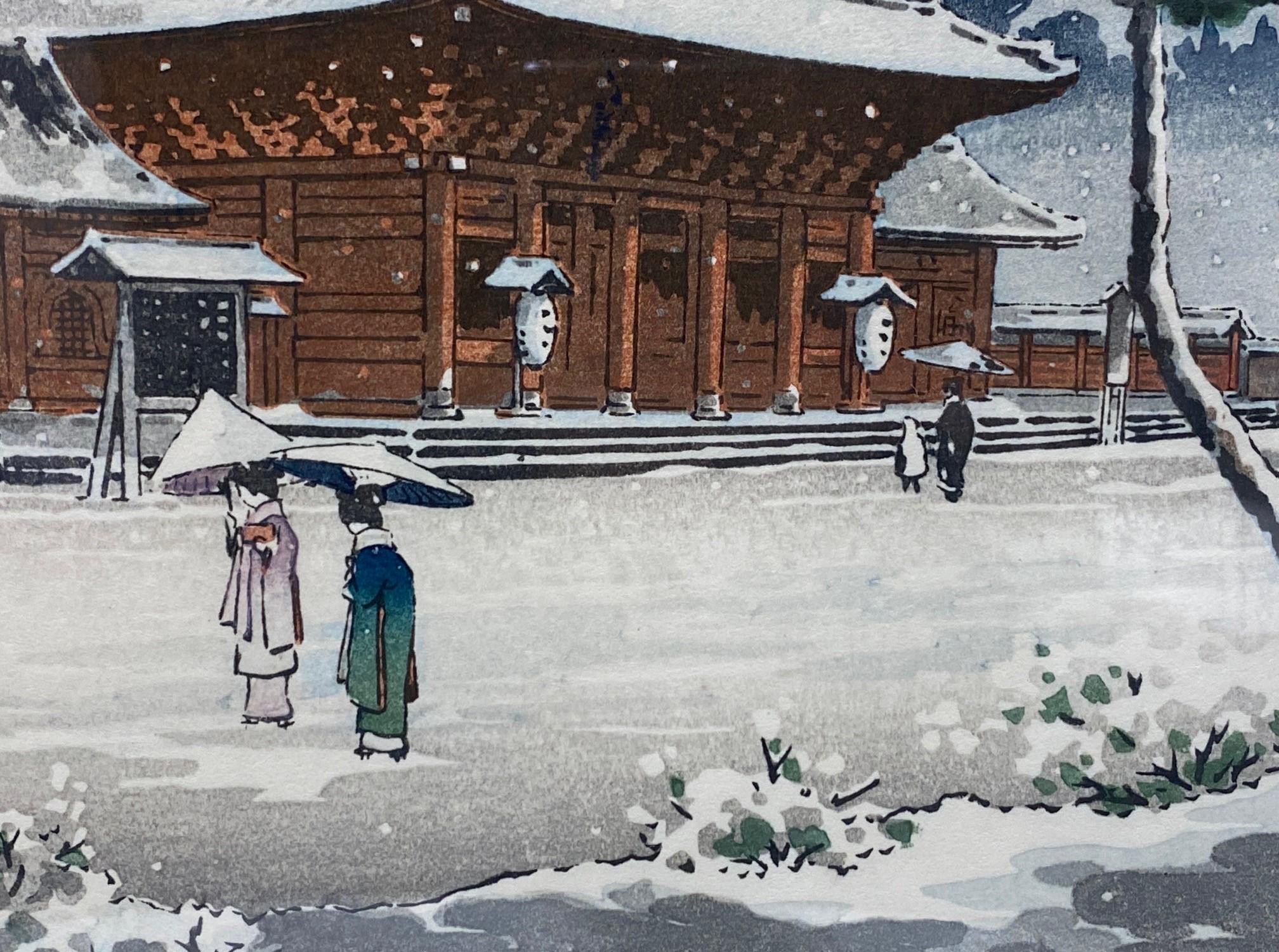 Tsuchiya Koitsu Signierter japanischer Showa Zojo-ji- Tempel in Schnee mit Holzschnitt-Druck im Angebot 7
