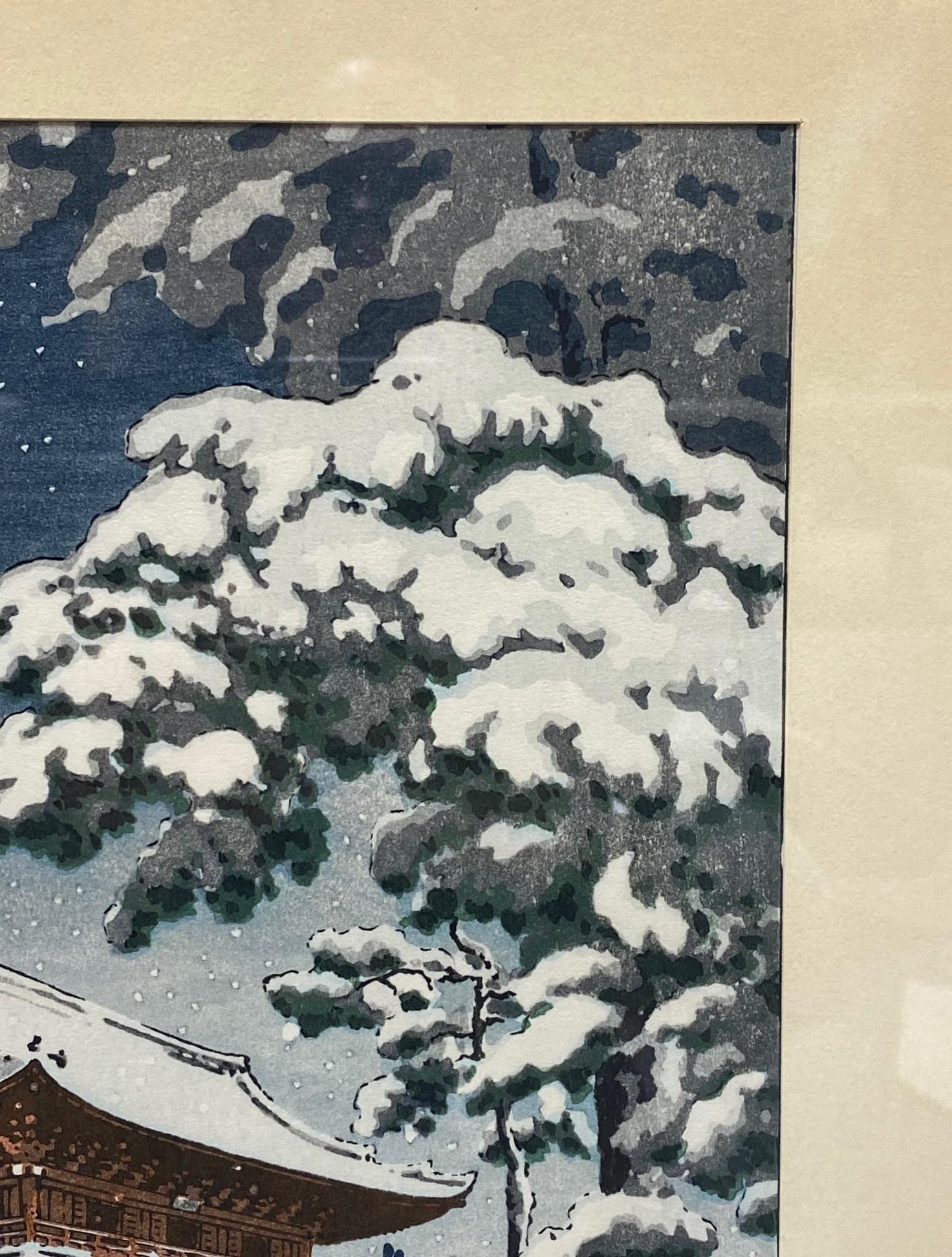 20th Century Tsuchiya Koitsu Signed Japanese Showa Woodblock Print Zojo-ji Temple in Snow For Sale