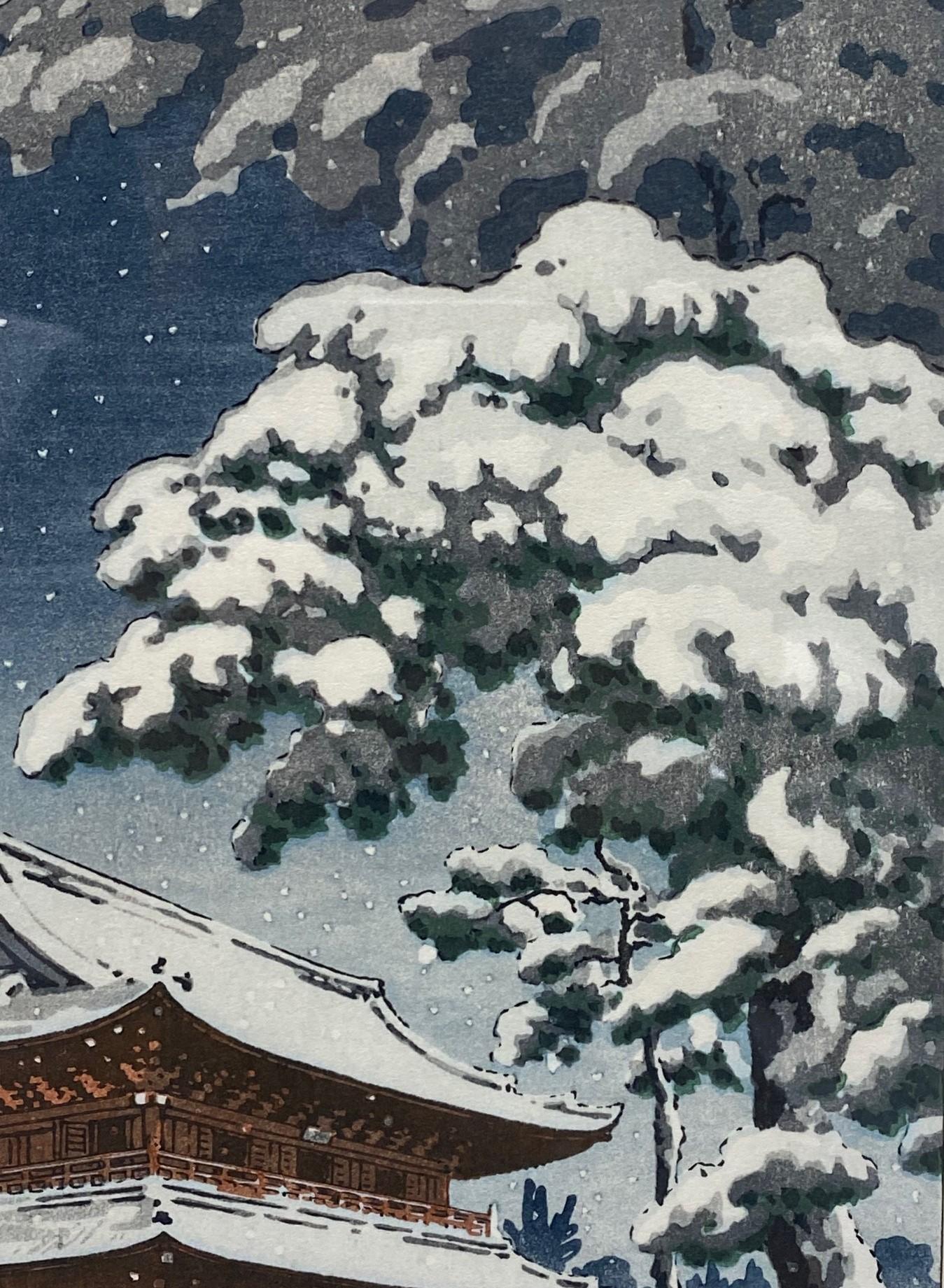 Tsuchiya Koitsu Signierter japanischer Showa Zojo-ji- Tempel in Schnee mit Holzschnitt-Druck (20. Jahrhundert) im Angebot