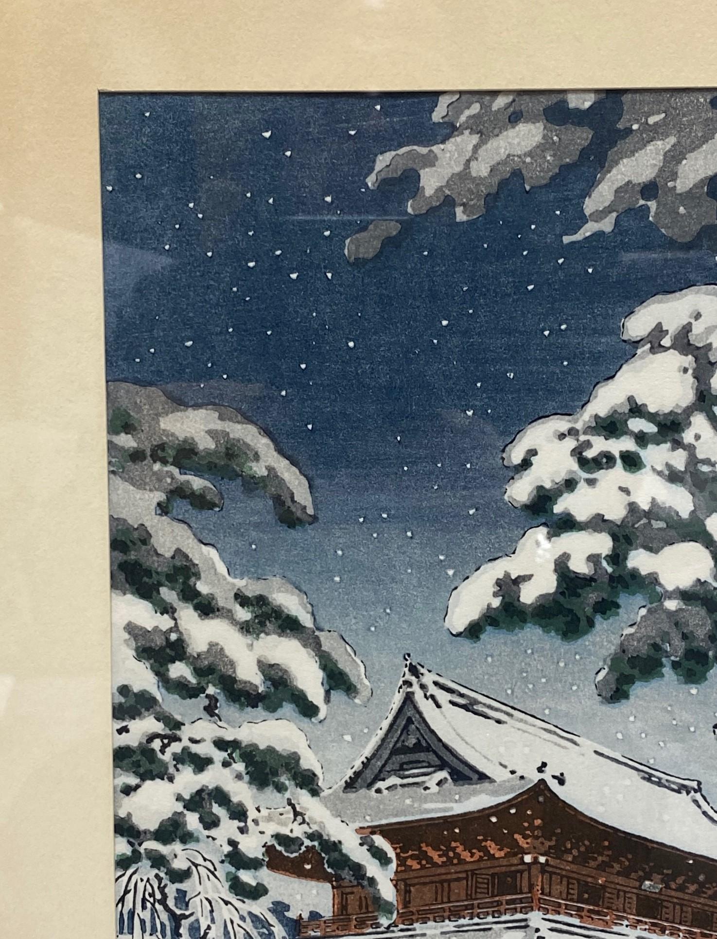 Tsuchiya Koitsu Signierter japanischer Showa Zojo-ji- Tempel in Schnee mit Holzschnitt-Druck (Papier) im Angebot