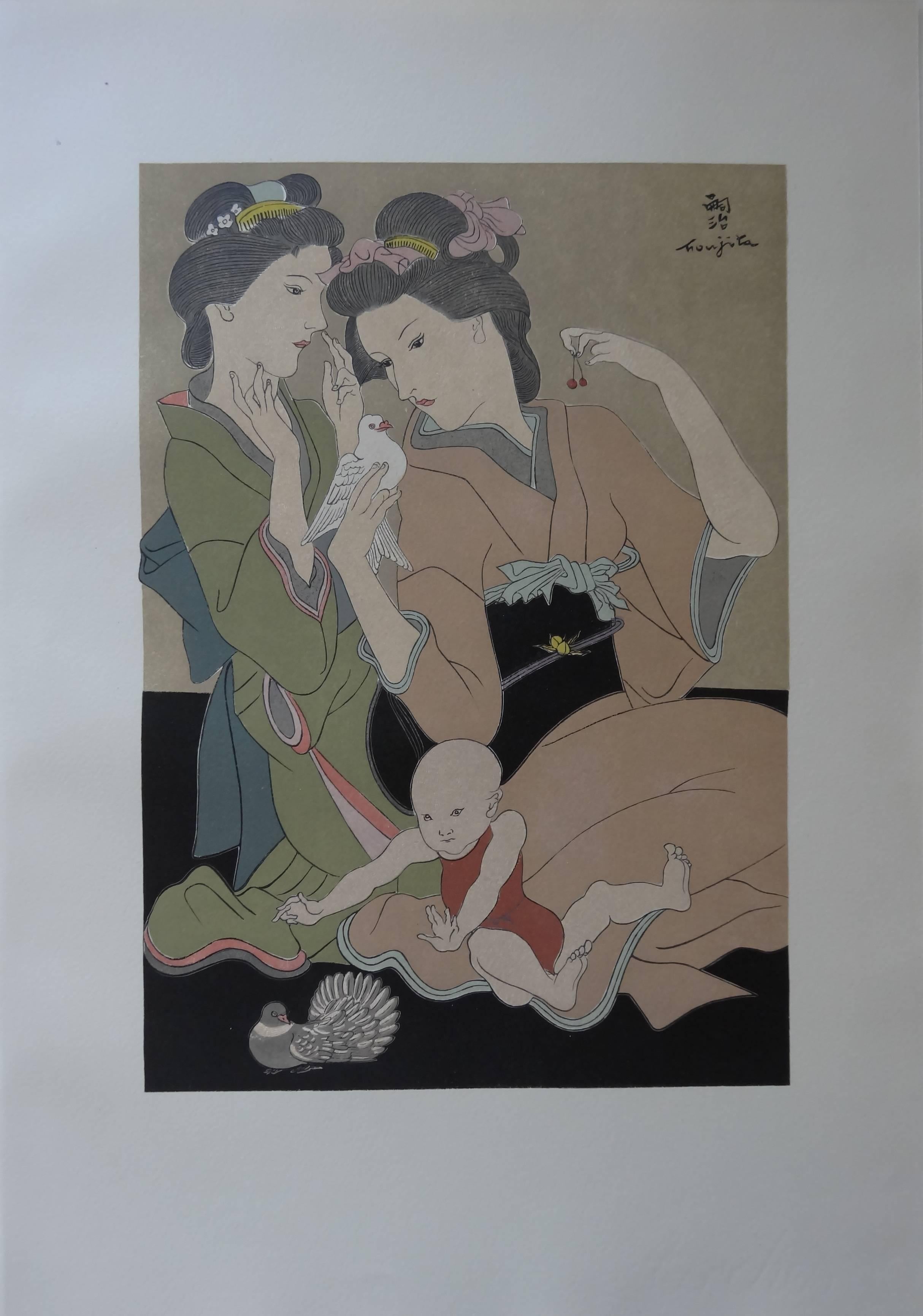 Japanese Geishas with a Dove - Original signed woodcut - 1932 - Realist Print by Tsuguharu Leonard Foujita