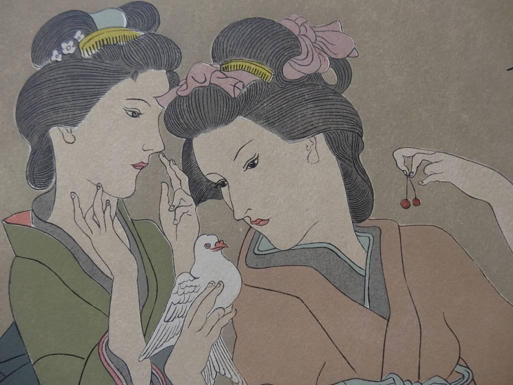 Tsuguharu (Léonard) FOUJITA
Geishas with a dove (1932)
  
Original Woodcut on Japan paper
Signed in the plate
Linited edition to 450 unumbered copies
Size : 37 x 26 cm (c. 15 x 10
