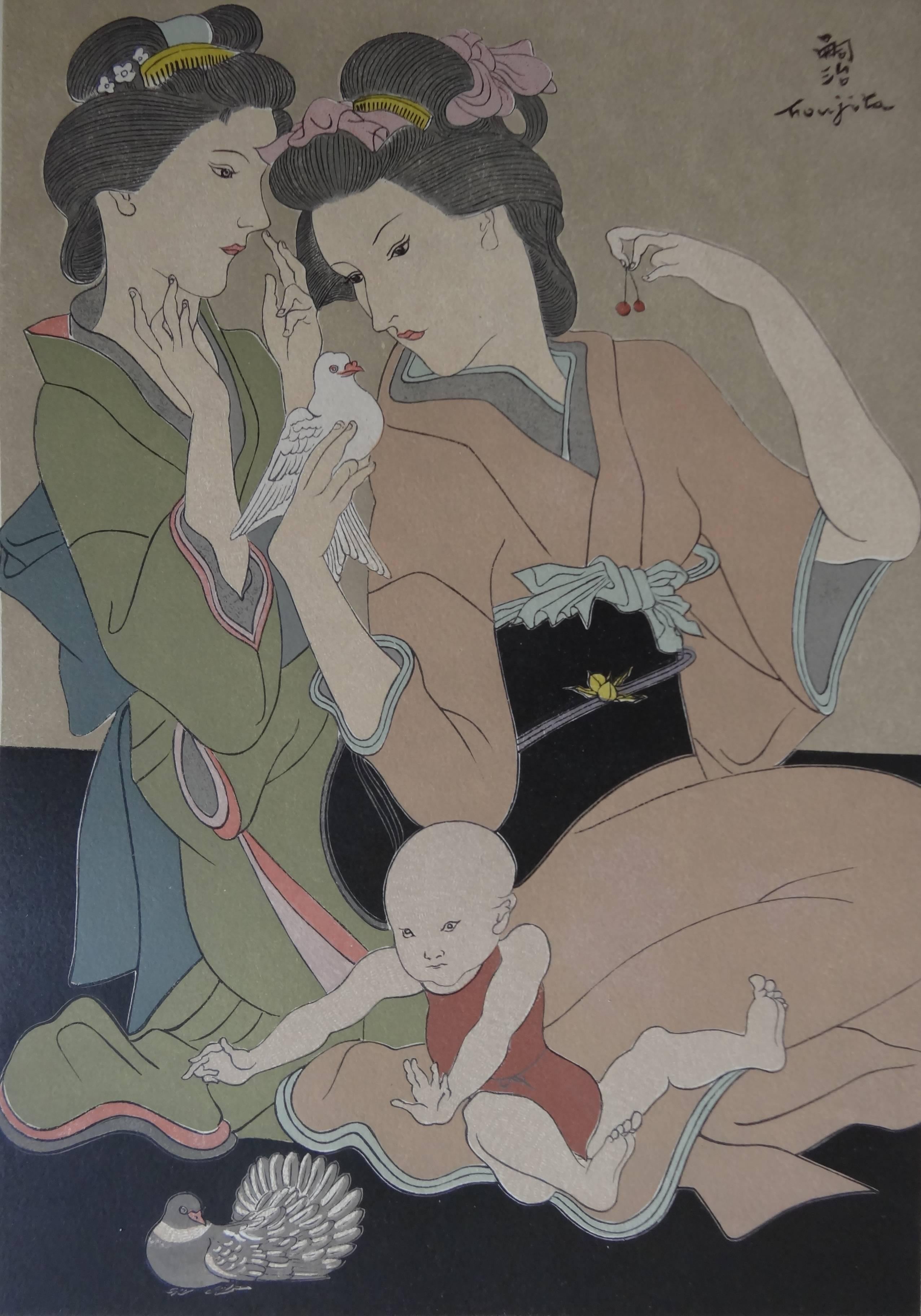 Tsuguharu Leonard Foujita Figurative Print - Japanese Geishas with a Dove - Original signed woodcut - 1932