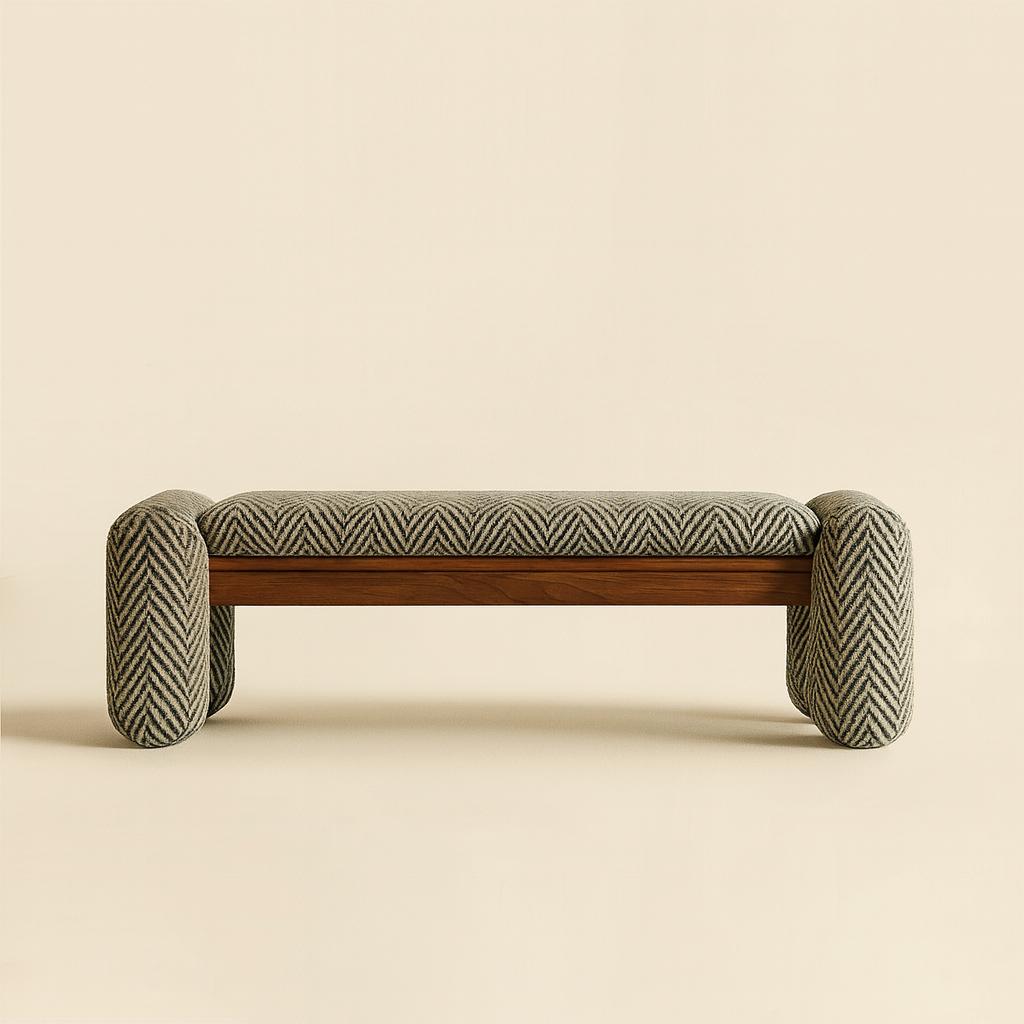 Portugais Banc Tsuki - Banc tapissé contemporain avec détails en bois raffinés en vente