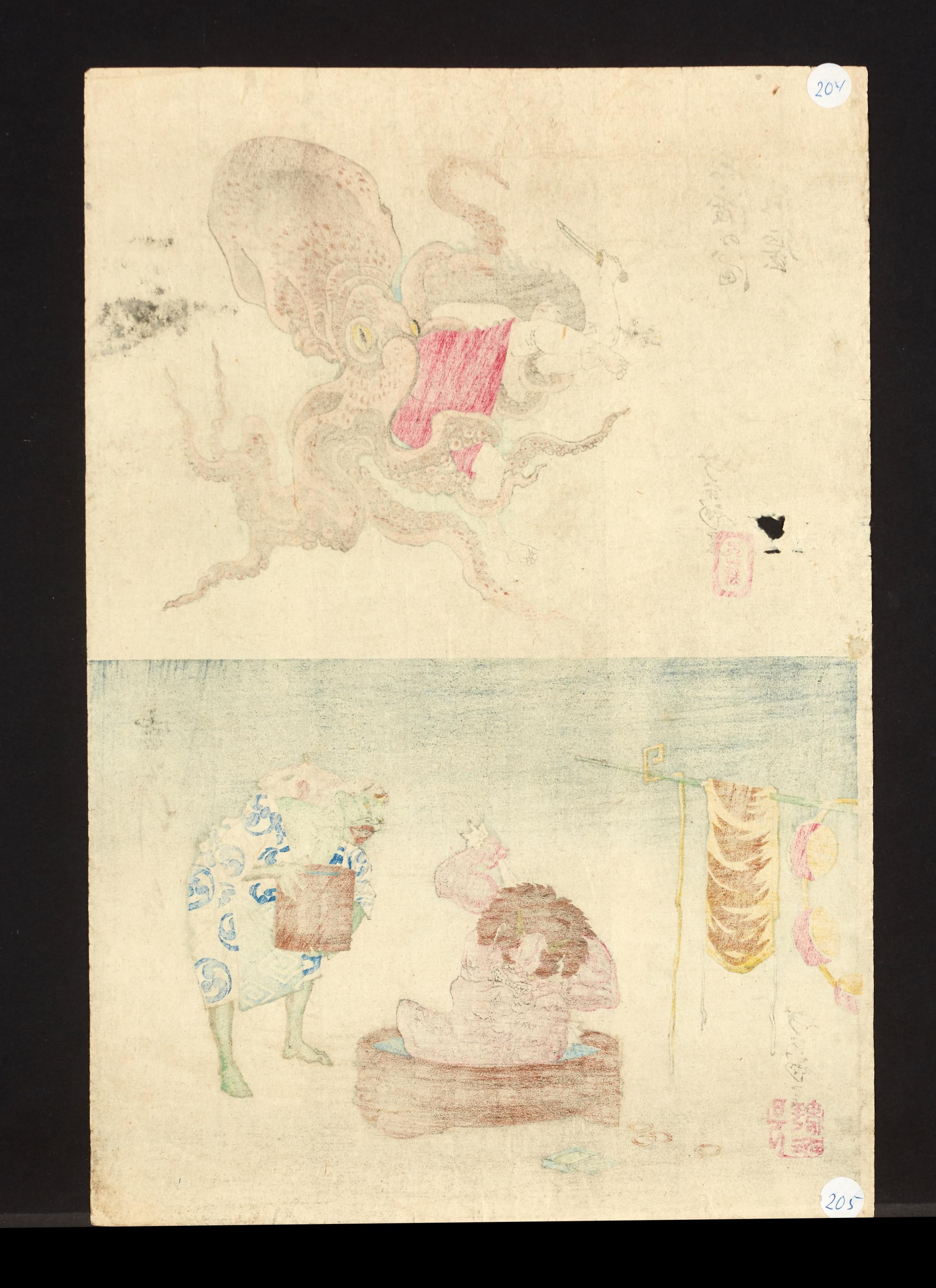 Tsukioka Yoshitoshi was a Japanese artist. He is widely recognized as the last great master of the ukiyo-e genre of woodblock printing and painting

Octopus attacks pearl divers and others, 19th century.

Yoshitoshi is viewed today as one of the