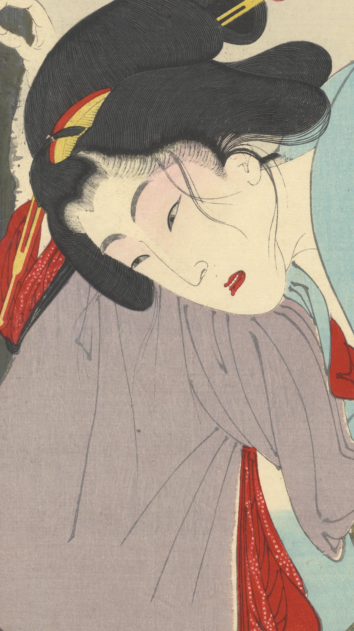 Artist: Yoshitoshi Tsukioka (1839-1892)
Title: 'Abunasou' A contemporary geisha of the Meiji era (1868-1912) in a dangerous situation
Series: Fuzoku Sanjuniso (Thirty-two Aspects of Customs and Manners)
Publisher: Tsunashima Kamekichi
Date: