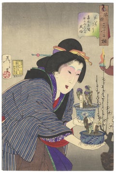 Yoshitoshi, Beauty, Original Japanese Woodblock Print, Plum Blossom, Kimono