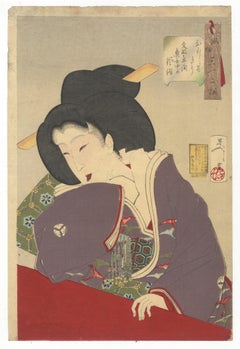 Antique Yoshitoshi Tsukioka, Beauty, Kimono, Bunsei Era, Japanese Woodblock Print