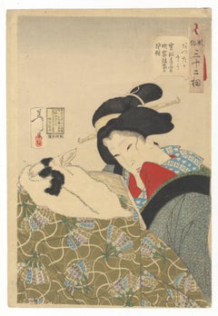 Yoshitoshi Tsukioka, Cat, Japanese Woodblock Print, Ukiyo-e, Beauty, Kimono