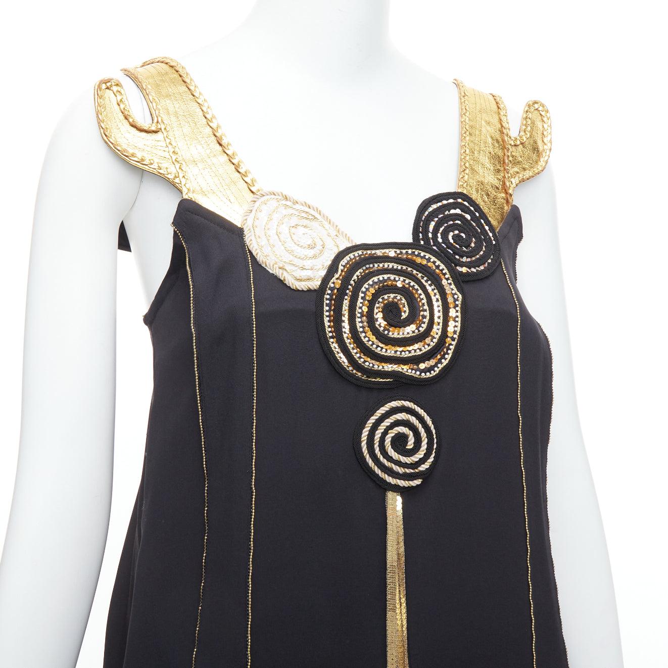 TSUMORI CHISATO gold leather black 100% silk cactus strap dress JP2 M For Sale 2