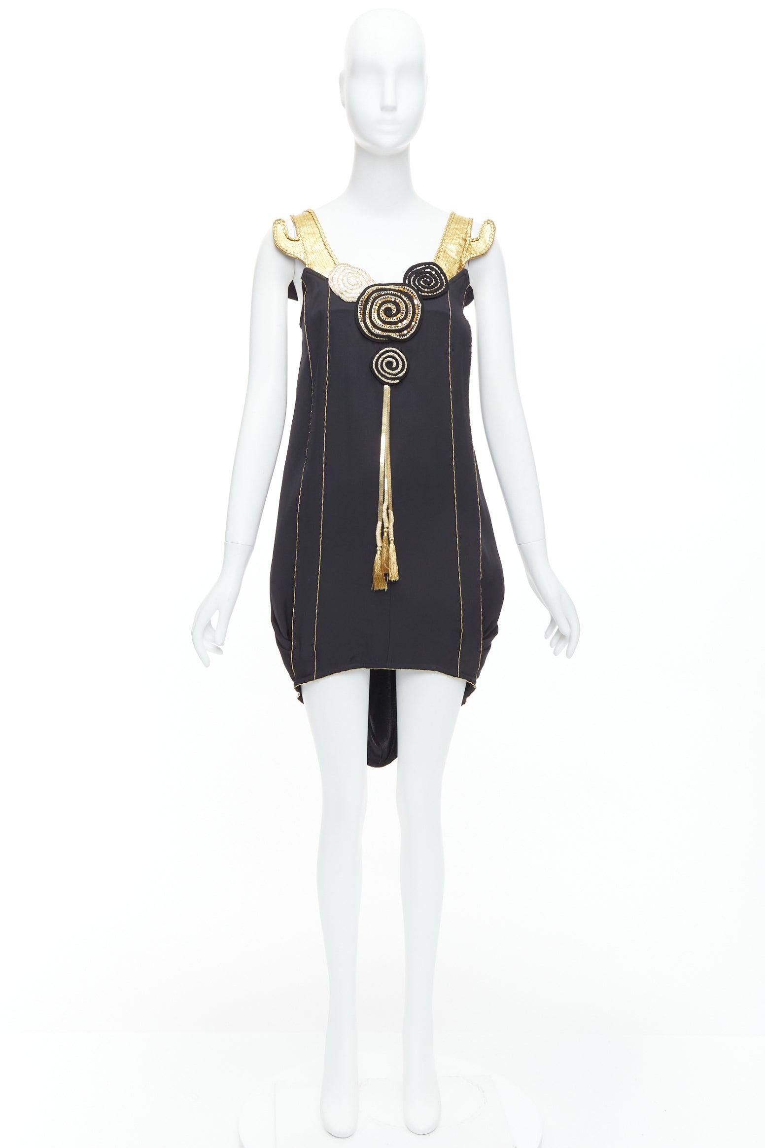 TSUMORI CHISATO gold leather black 100% silk cactus strap dress JP2 M For Sale 4