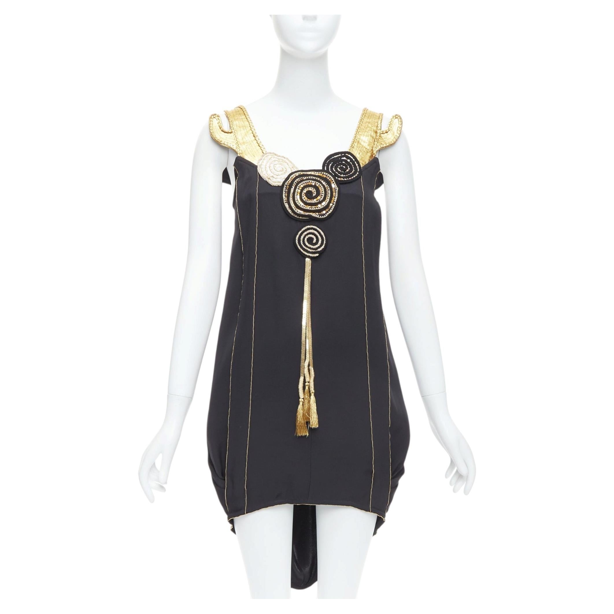TSUMORI CHISATO vestido de tirantes de cactus de seda 100% negro y cuero dorado JP2 M en venta