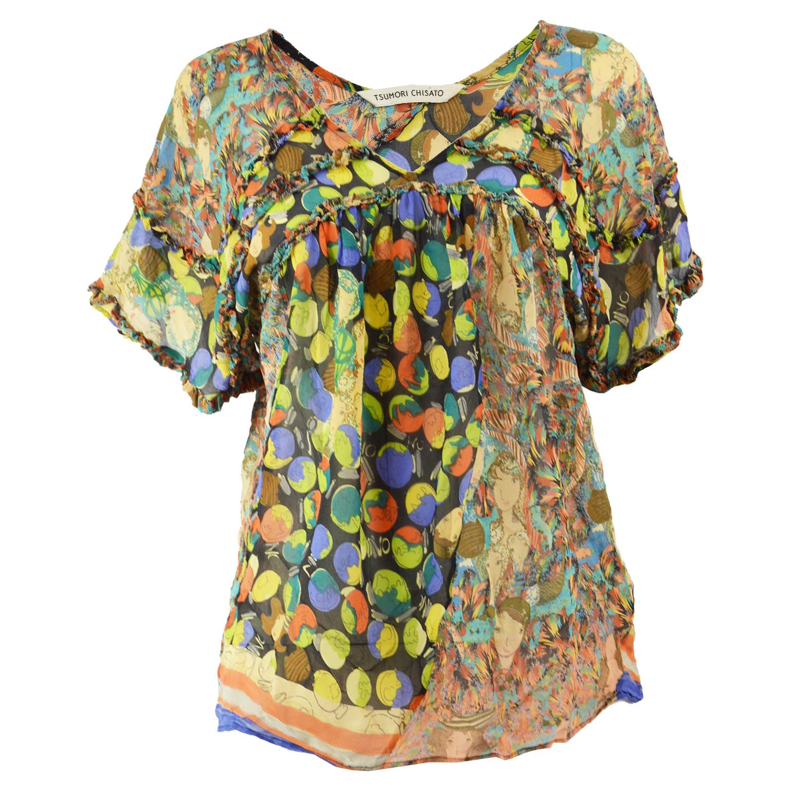 Tsumori Chisato Silk Chiffon Art Deco Faces Print Flowy Short Sleeve Blouse