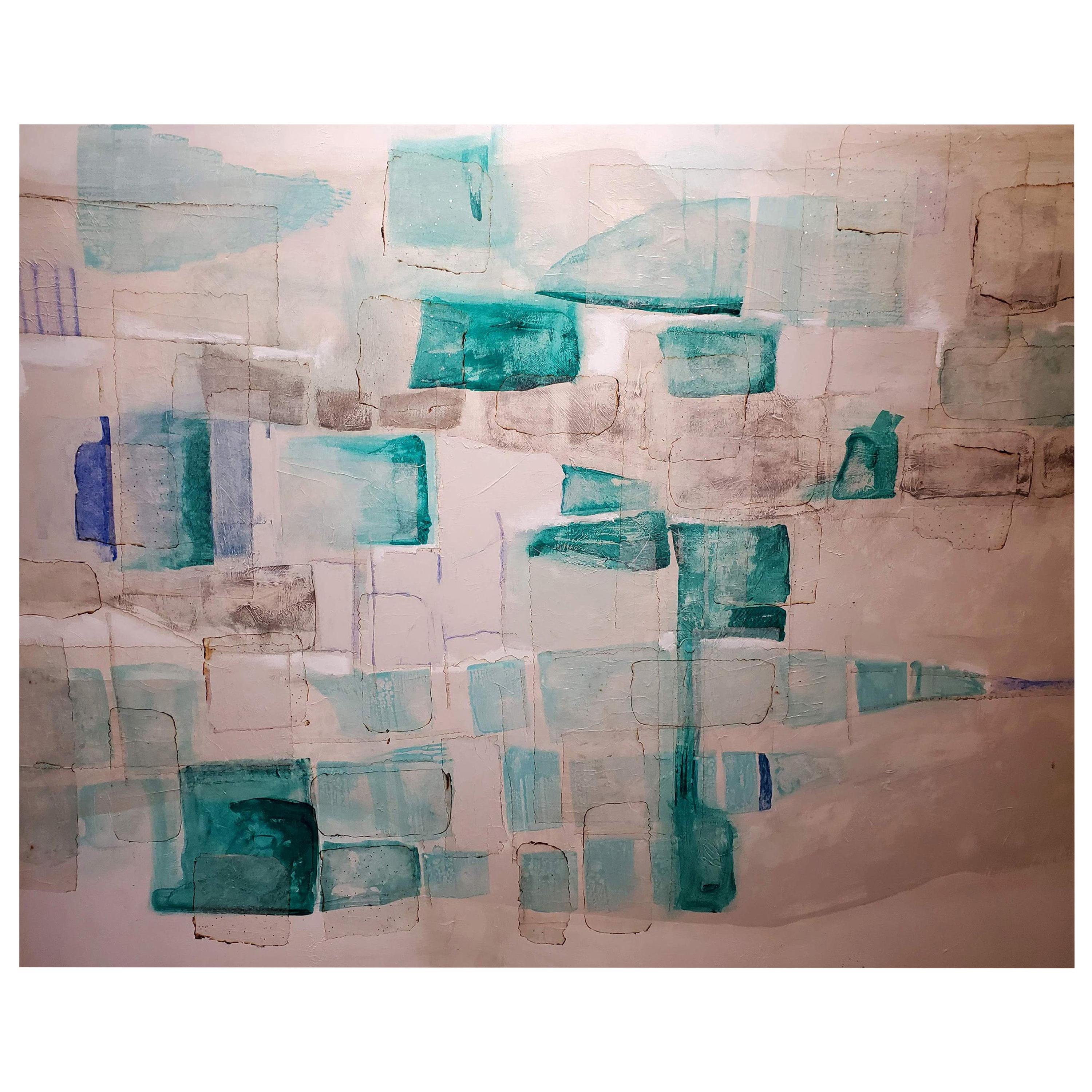 "Tsunami" Abstract Mixed-Media Painting on Canvas, Aqua, Teal, Blue, White