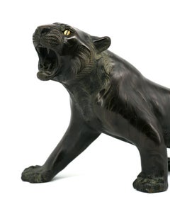 Tsunemitsu Bronze Roaring Tiger Sculpture with Glass Eyes, Meiji Era