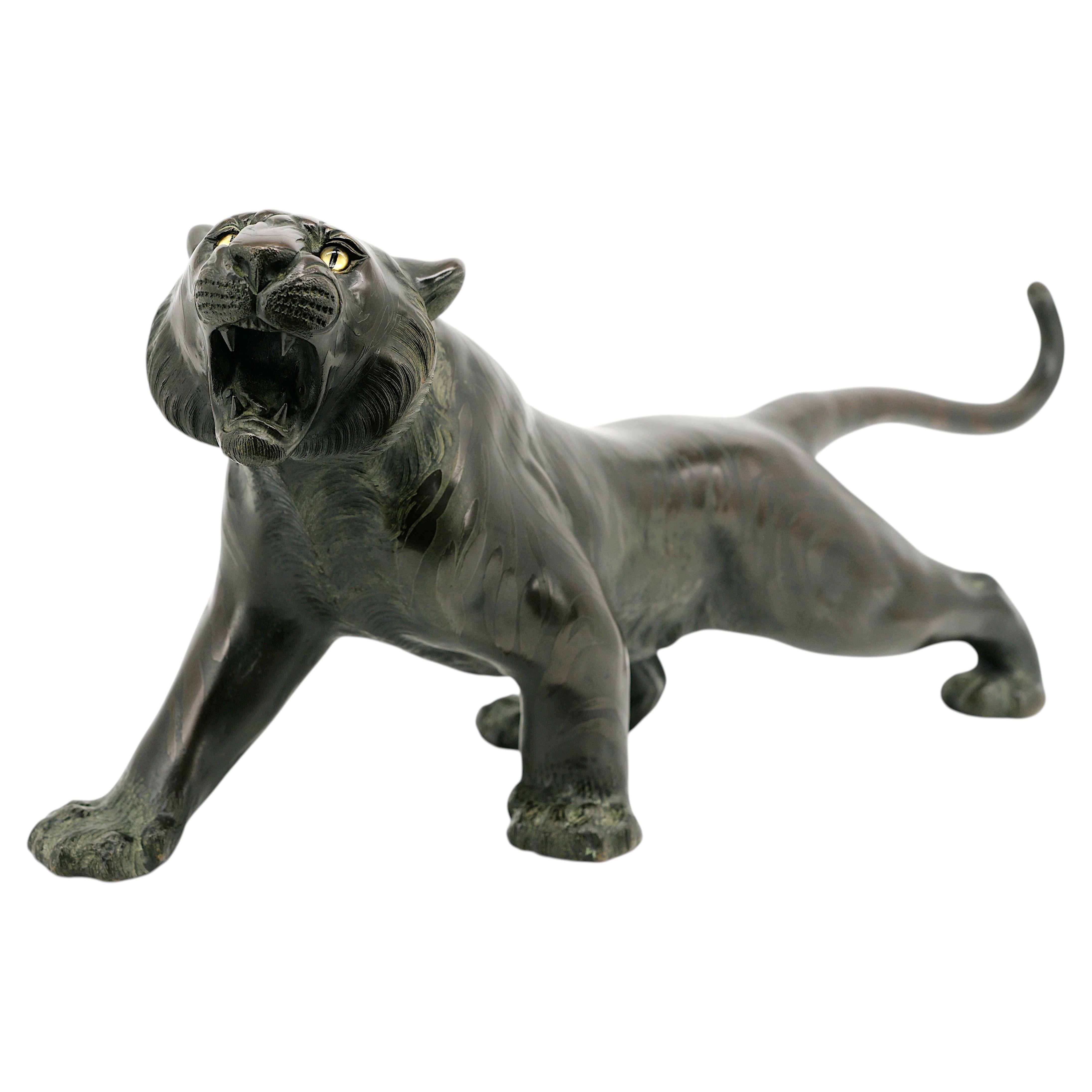 Tsunemitsu Bronze Roaring Tiger Sculpture with Glass Eyes, Meiji Era