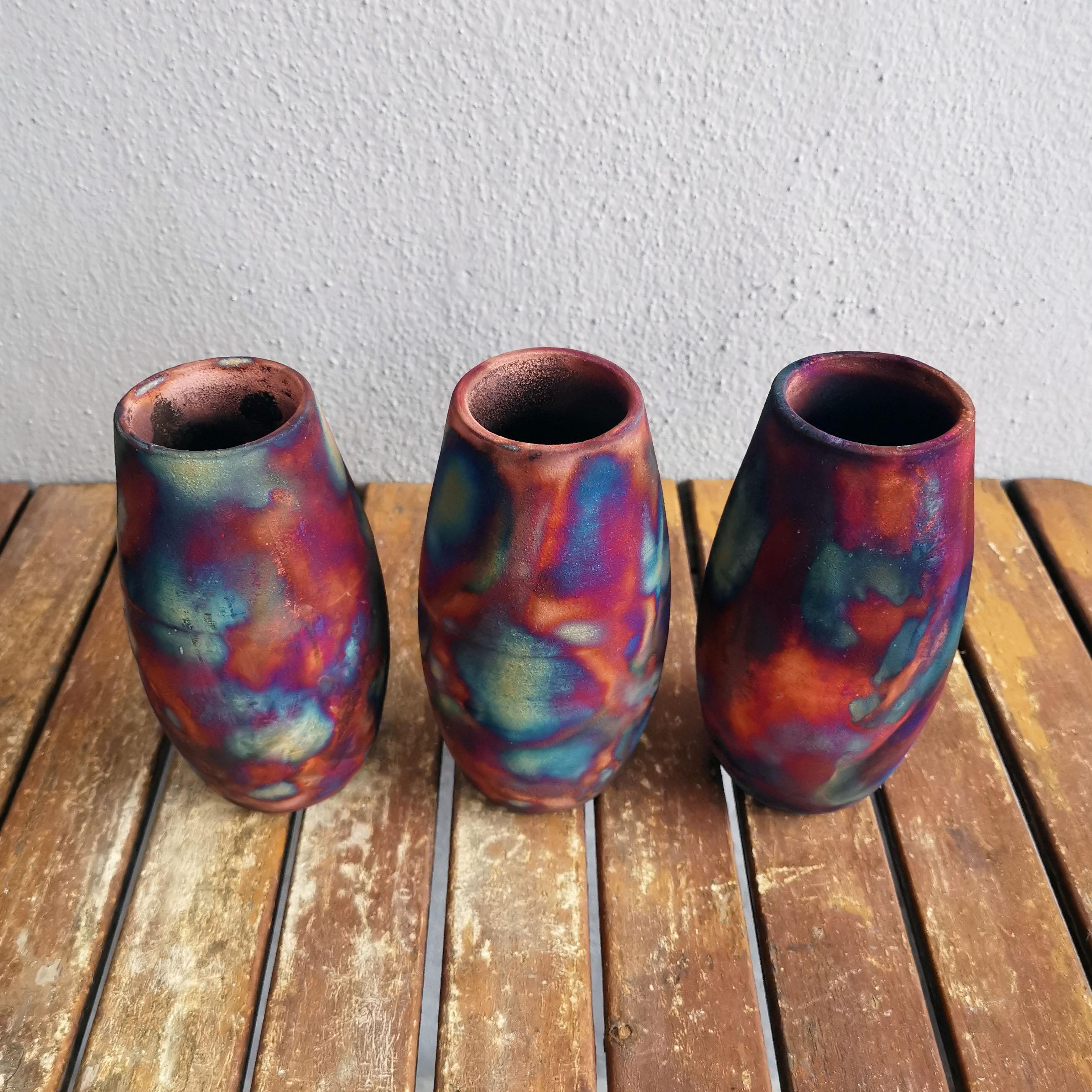 Modern Tsuri 3 Pack Raku Pottery Vase, Full Copper Matte, Handmade Ceramic Home Decor For Sale