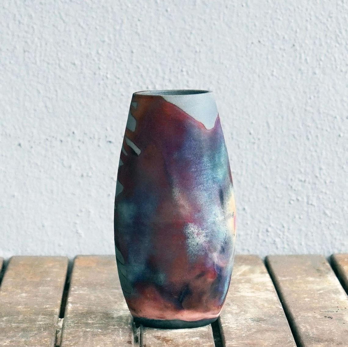 Modern Tsuri Raku Pottery Vase - Carbon Copper - Handmade Ceramic Home Decor Gift For Sale