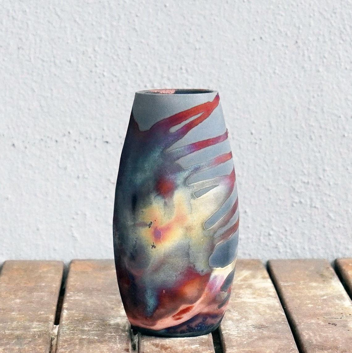 Malaysian Tsuri Raku Pottery Vase - Carbon Copper - Handmade Ceramic Home Decor Gift For Sale