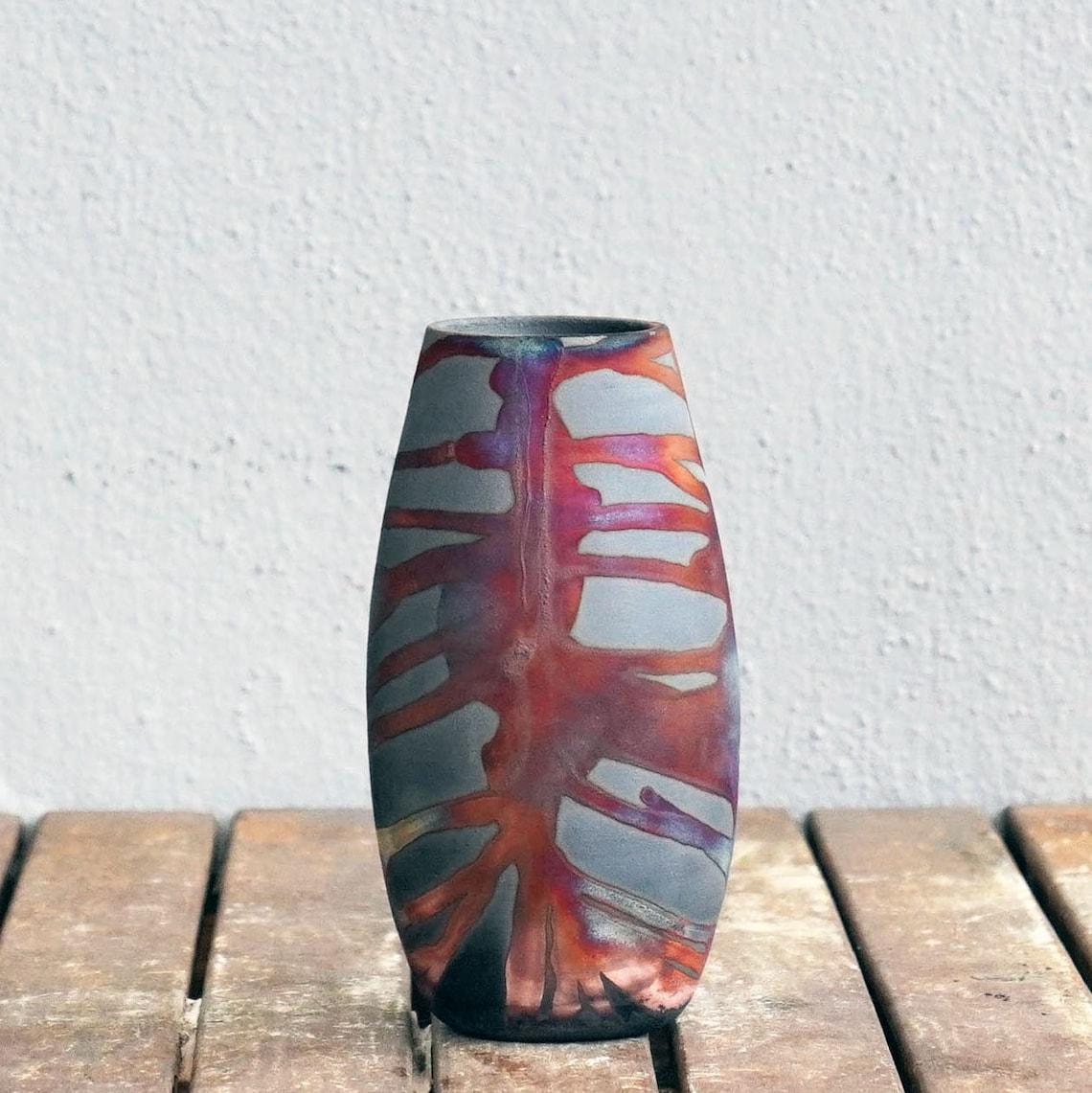 Fired Tsuri Raku Pottery Vase - Carbon Copper - Handmade Ceramic Home Decor Gift For Sale