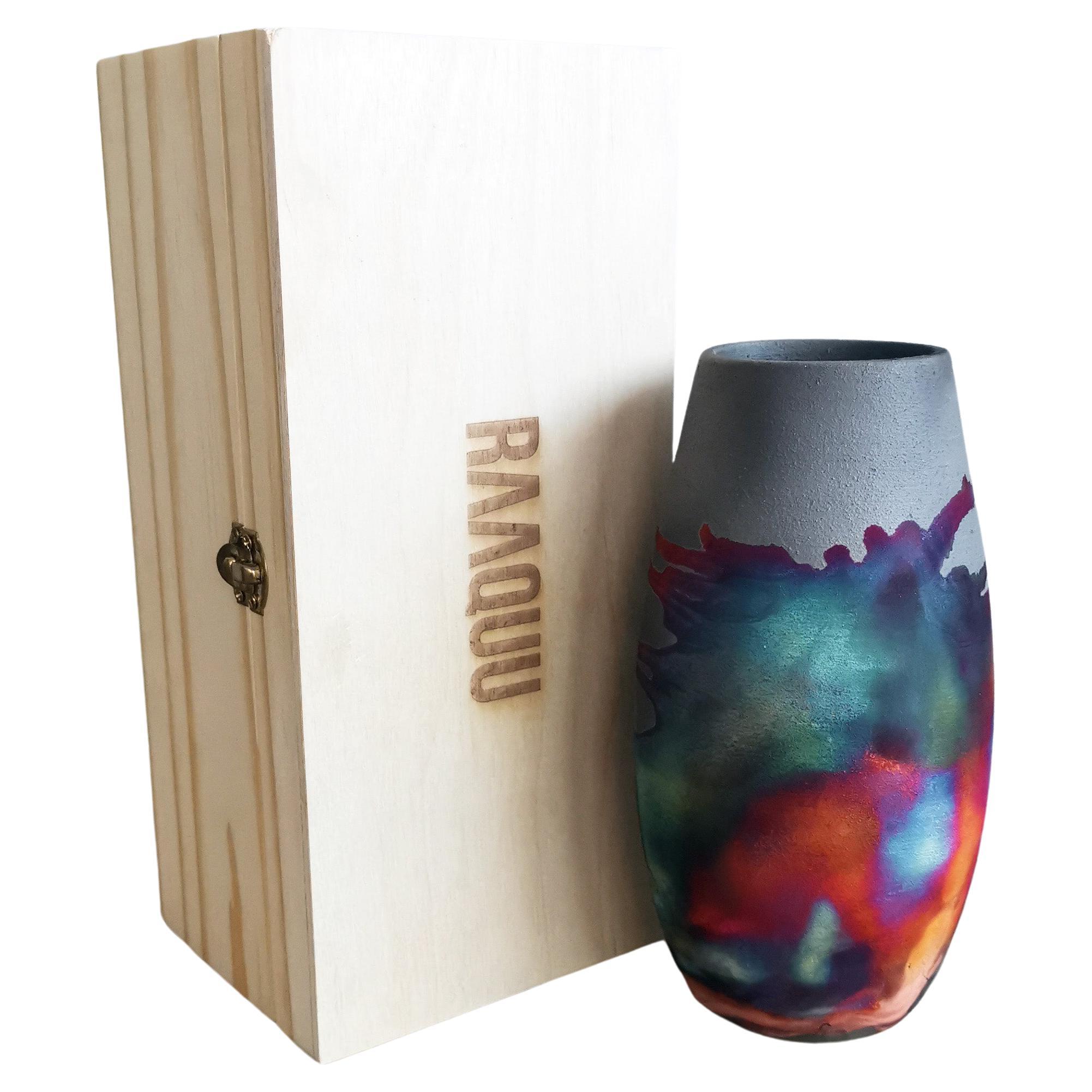Vase en poterie Tsuri Raku avec boîte cadeau - Cuivre au carbone - Céramique faite à la main