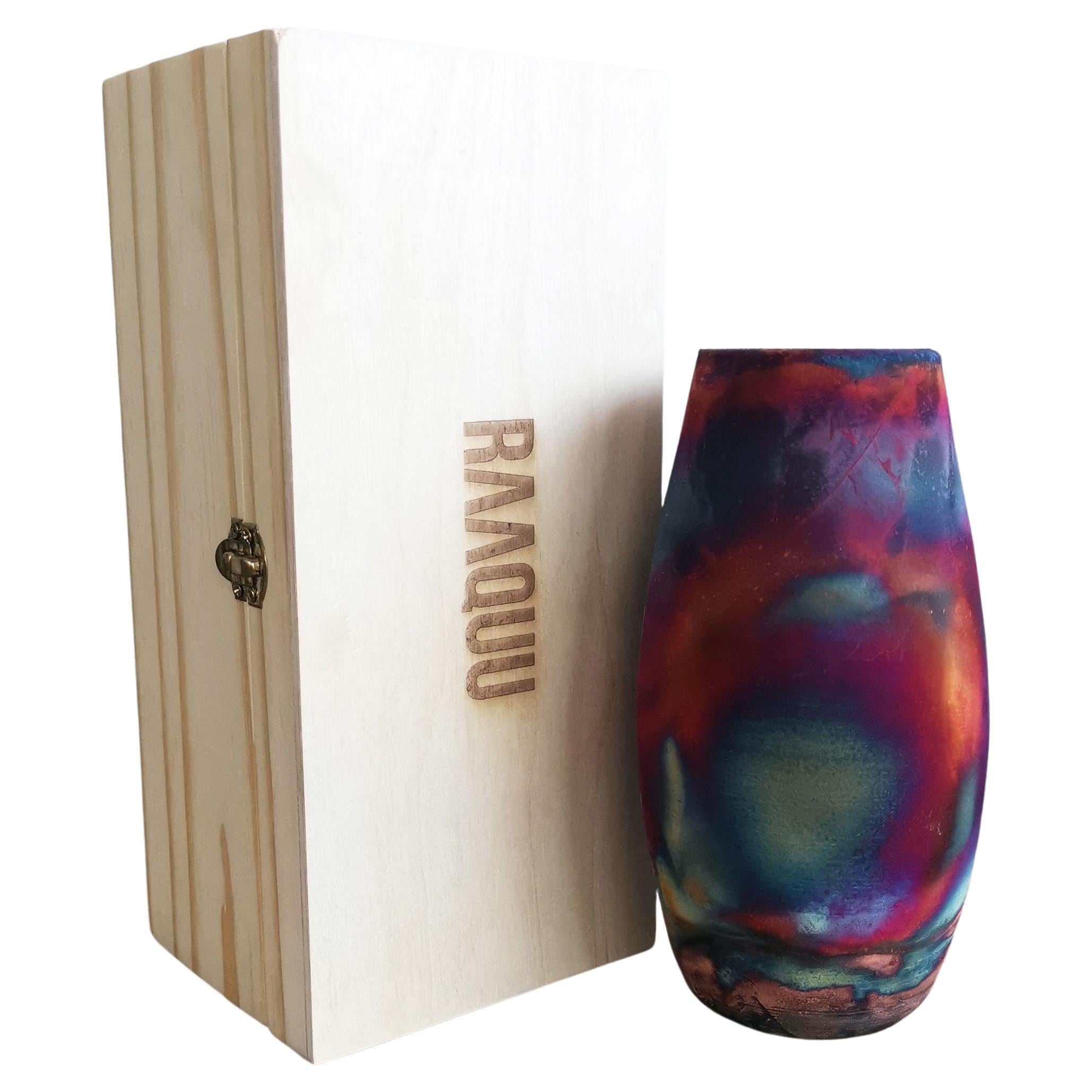 Tsuri Raku Pottery Vase with Gift Box, Full Copper Matte, Handmade Ceramic For Sale