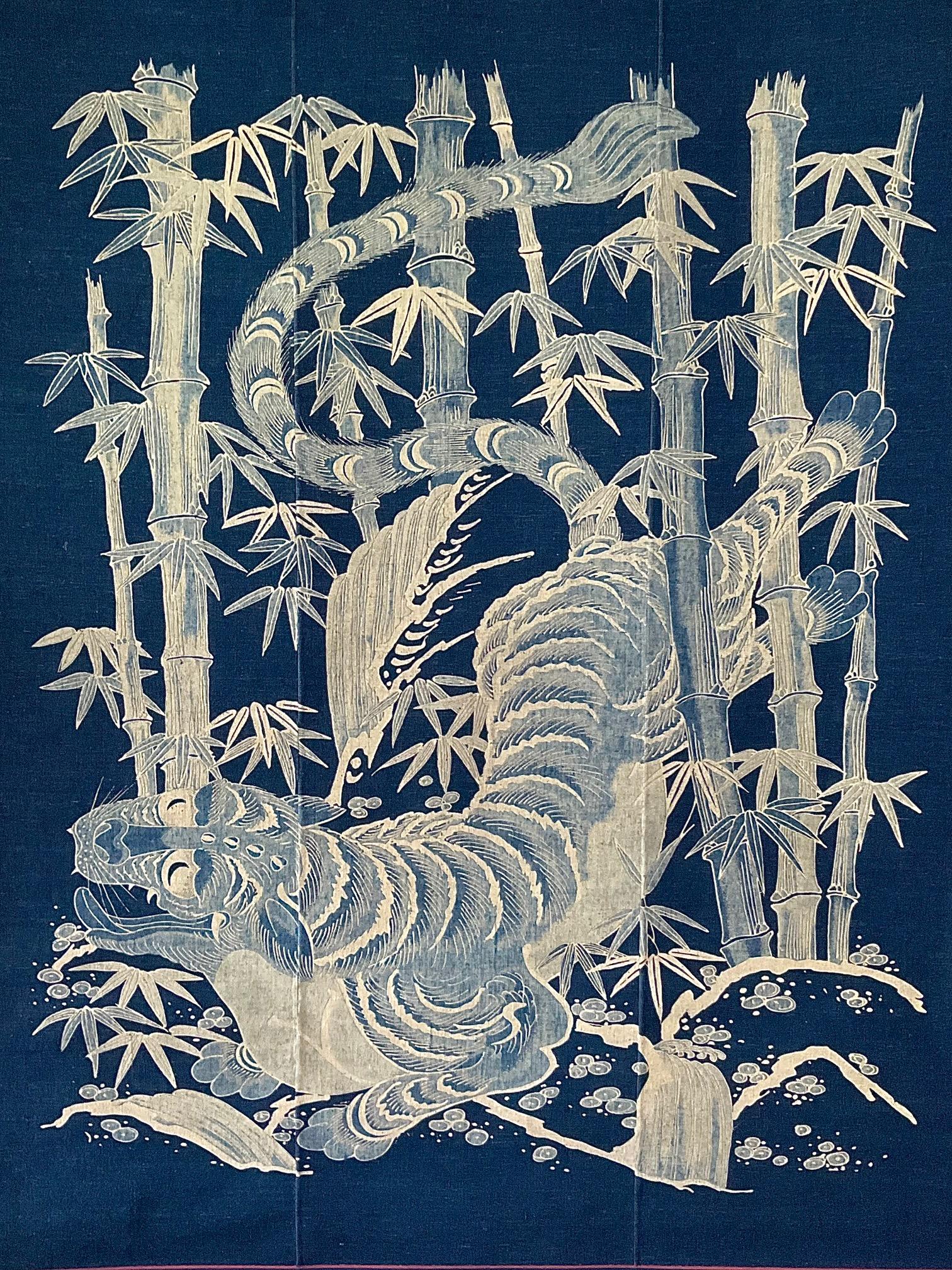 Meiji Tsutsugaki Tiger in Bamboo Forest: 19th Century Futon Cover