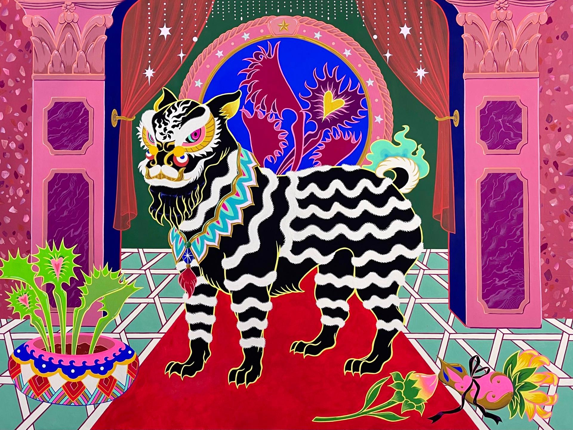 Tsz Kam Animal Painting - Black Lion, Contemporary Painting on Panel, Mounted Gouache on Cotton Rag