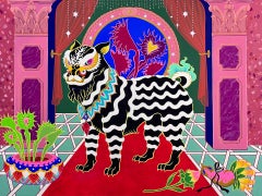 Black Lion, Contemporary Painting on Panel, Mounted Gouache on Cotton Rag