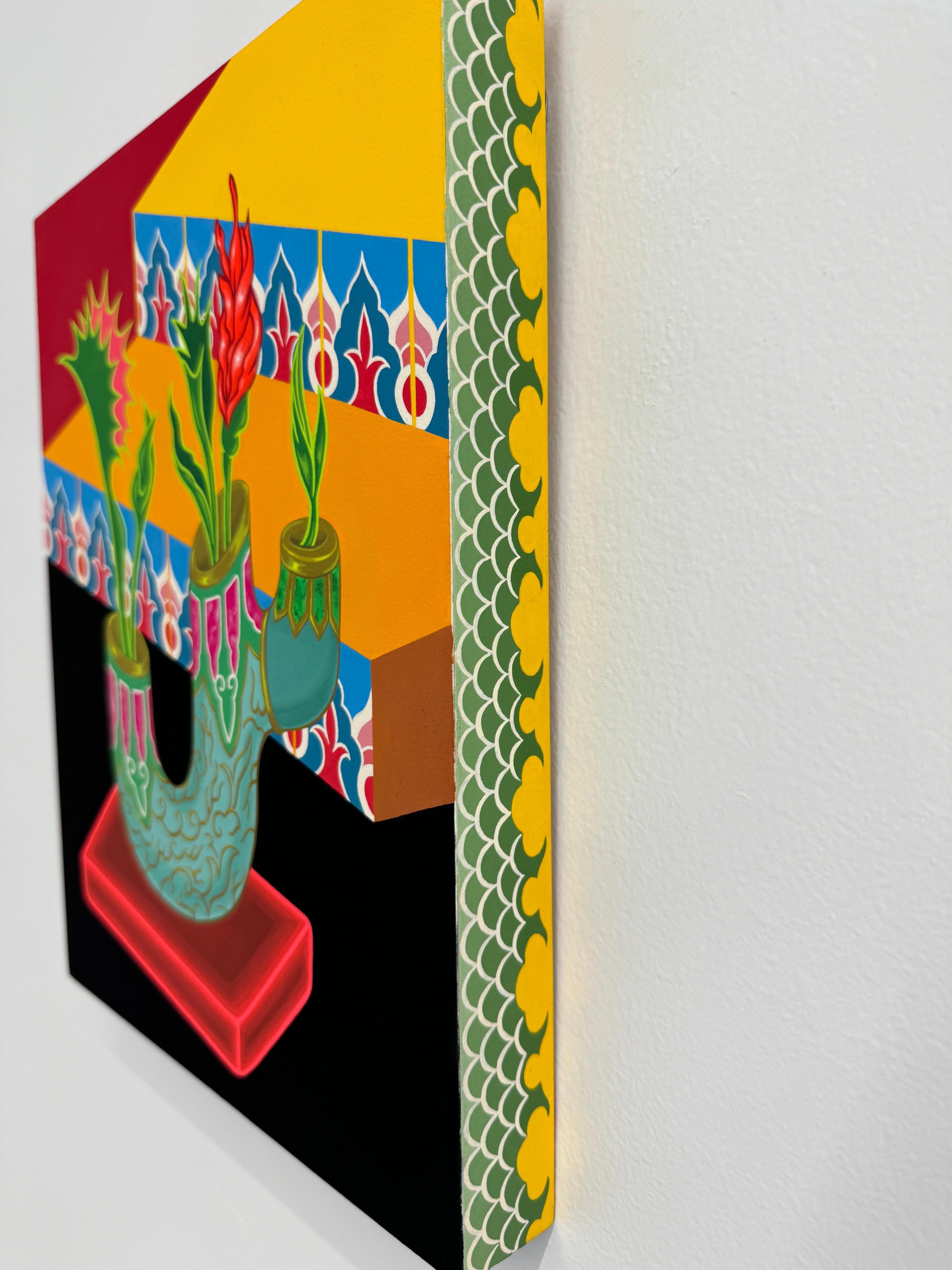 Flytraps in a Vase, Contemporary Painting on Panel, Mounted Gouache on CottonRag For Sale 1