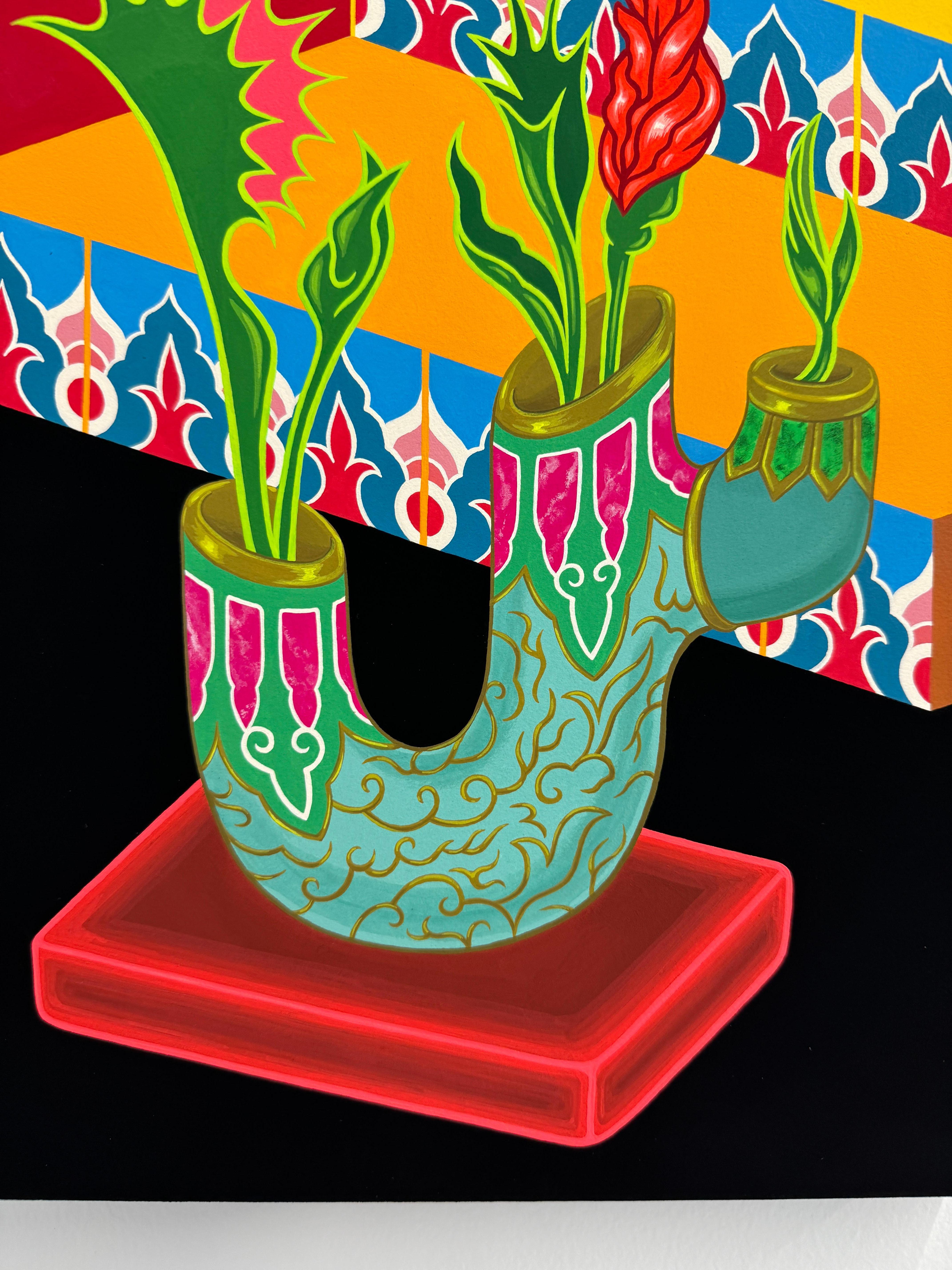 Flytraps in a Vase, Contemporary Painting on Panel, Mounted Gouache on CottonRag For Sale 2