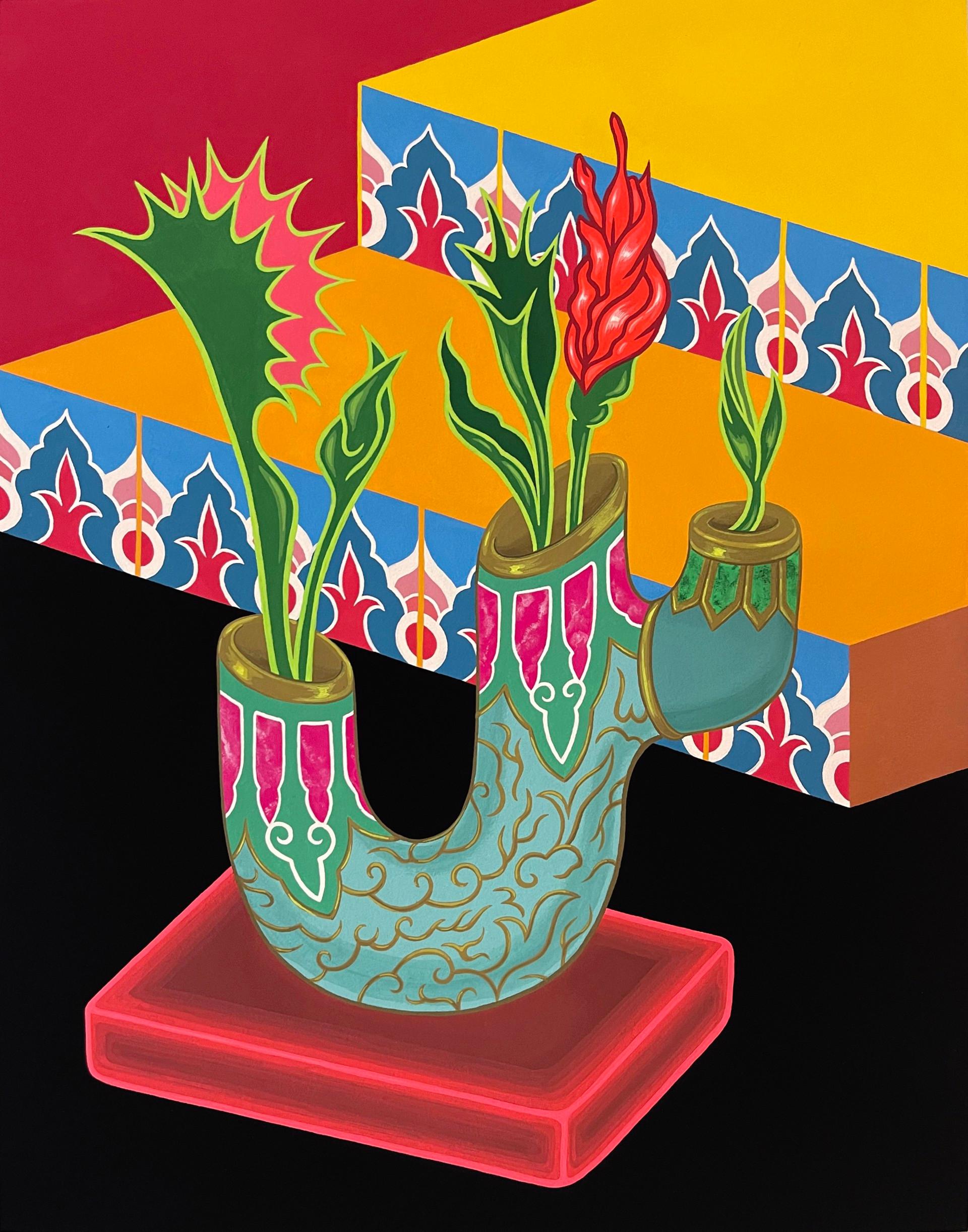 Tsz Kam Interior Painting - Flytraps in a Vase, Contemporary Painting on Panel, Mounted Gouache on CottonRag