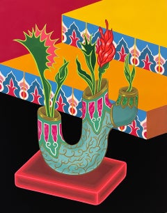 Flytraps in a Vase, Contemporary Painting on Panel, Gouache auf Baumwolltuch aufgezogen
