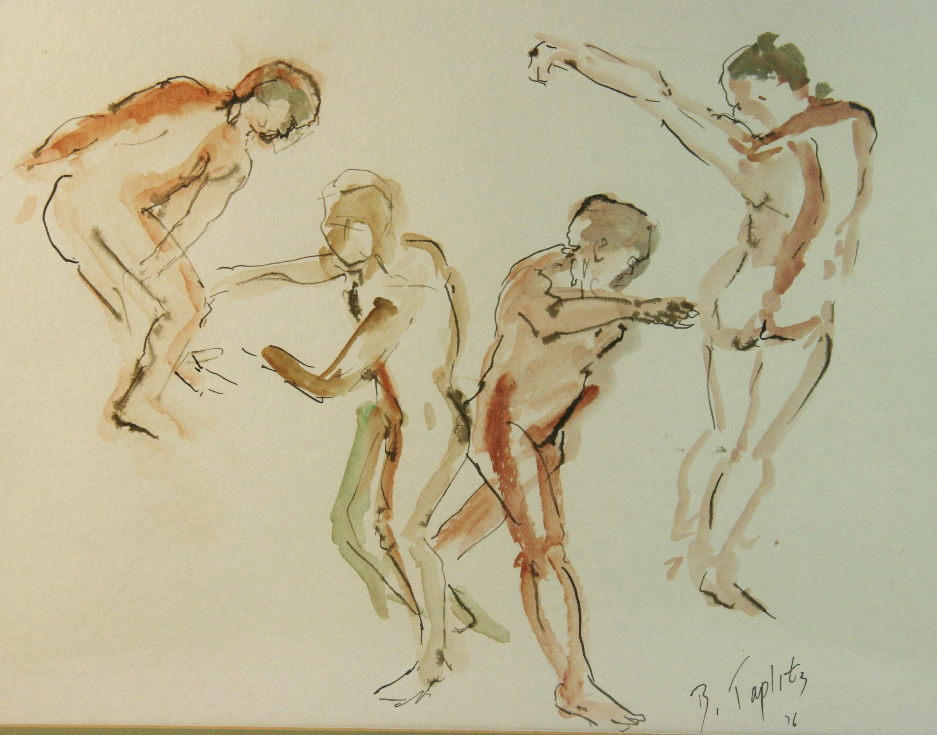 Cuatro hombres desnudos bailando Pintura al gouache 1976 - Painting de T.Tapitz