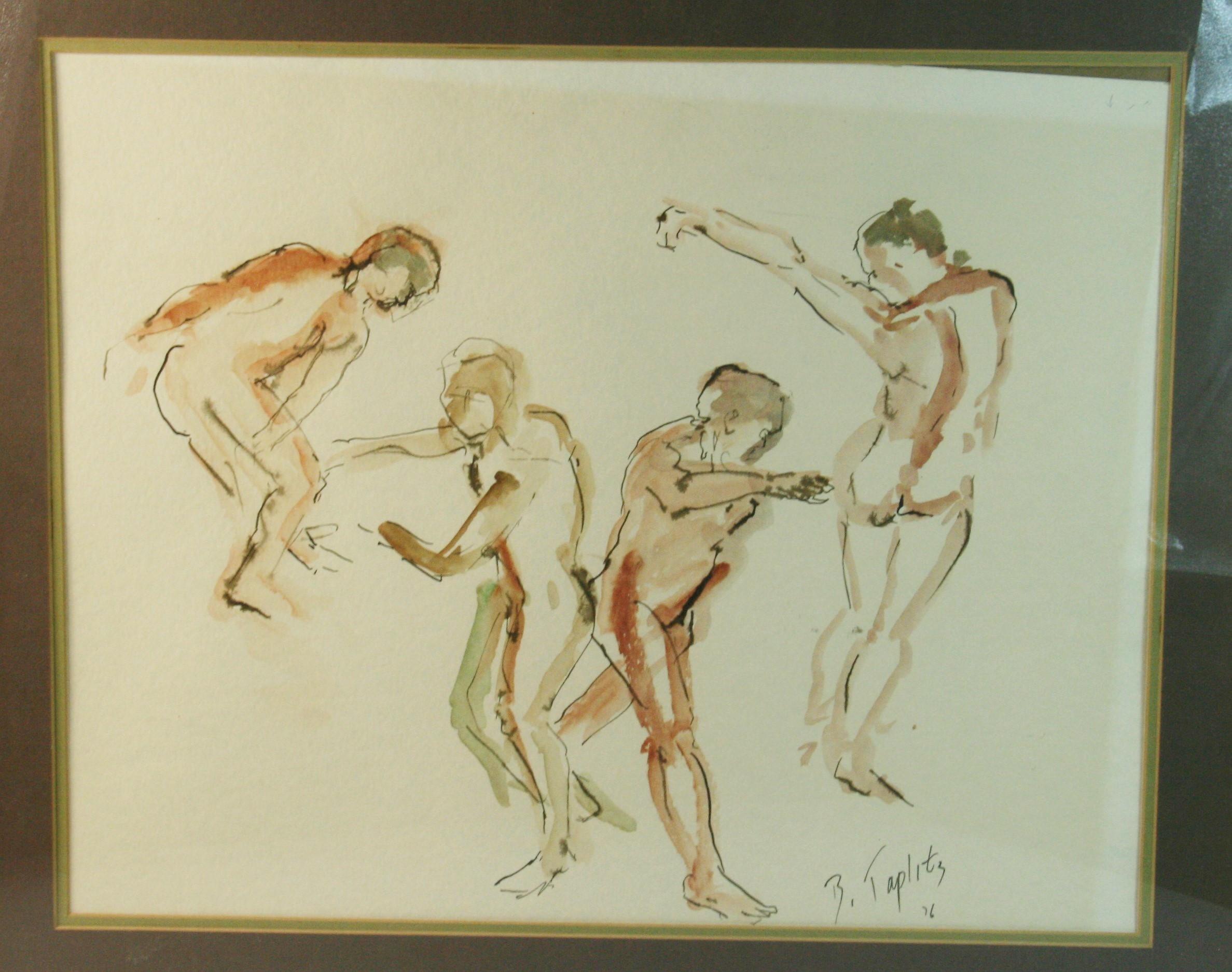 Cuatro hombres desnudos bailando Pintura al gouache 1976 - Nude Painting Beige de T.Tapitz