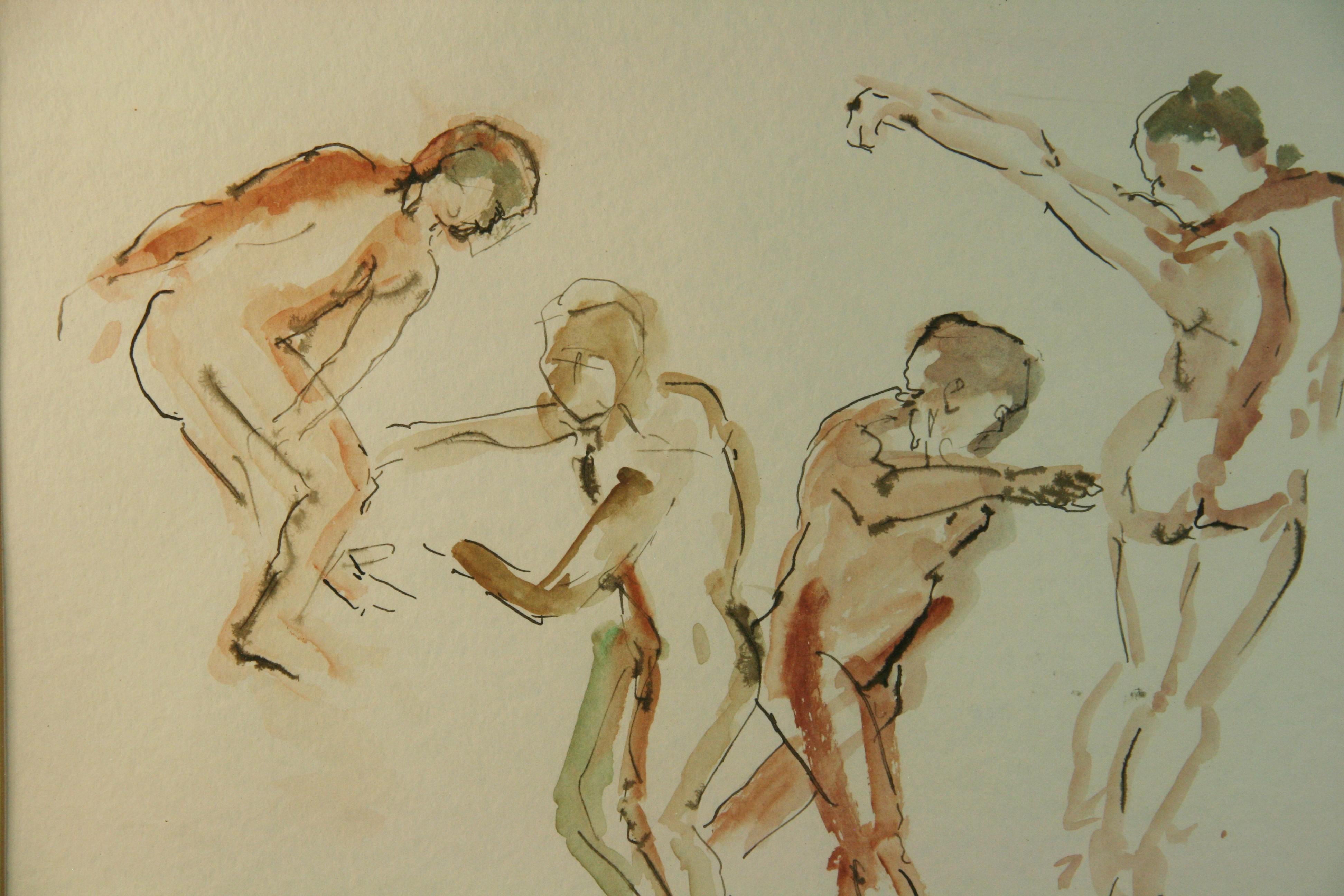 6011 Cuatro bailarines desnudos  pintura al gouache engastada en un marco de latón marrón mate
Imagen 16,5x21,5