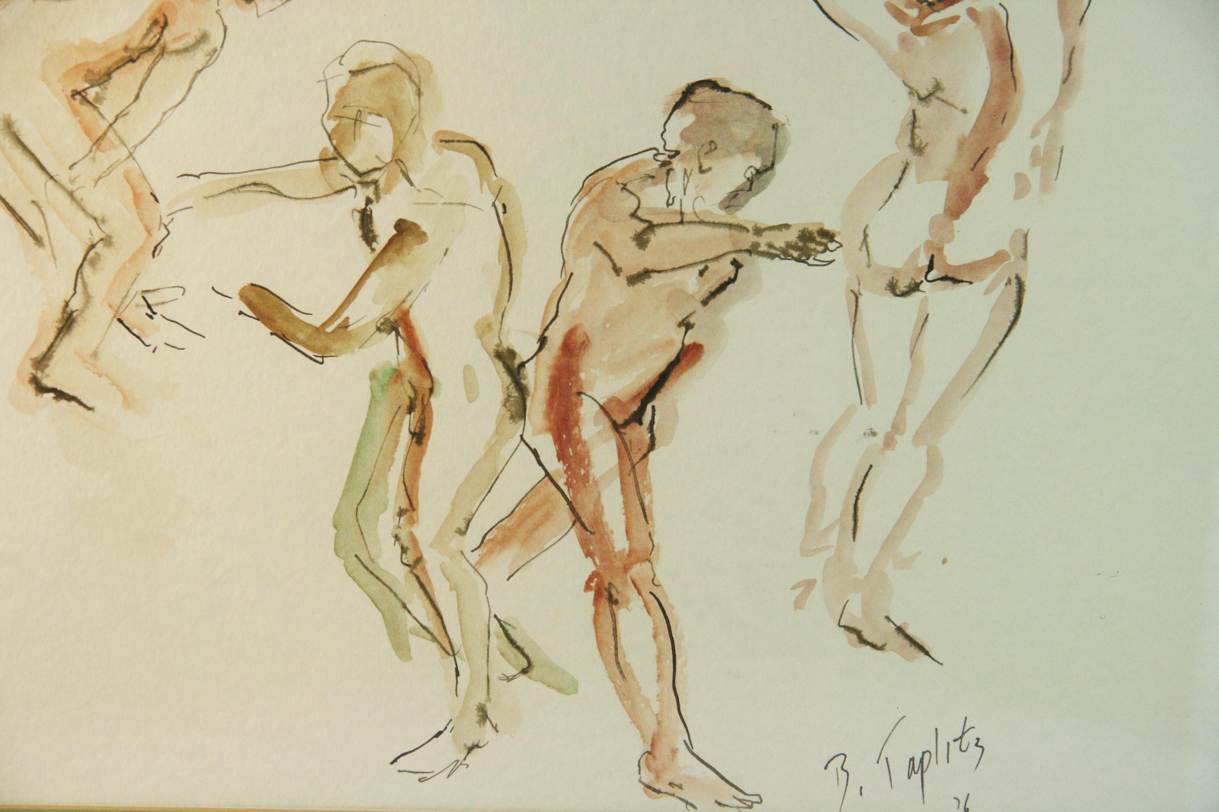 Cuatro hombres desnudos bailando Pintura al gouache 1976 en venta 1