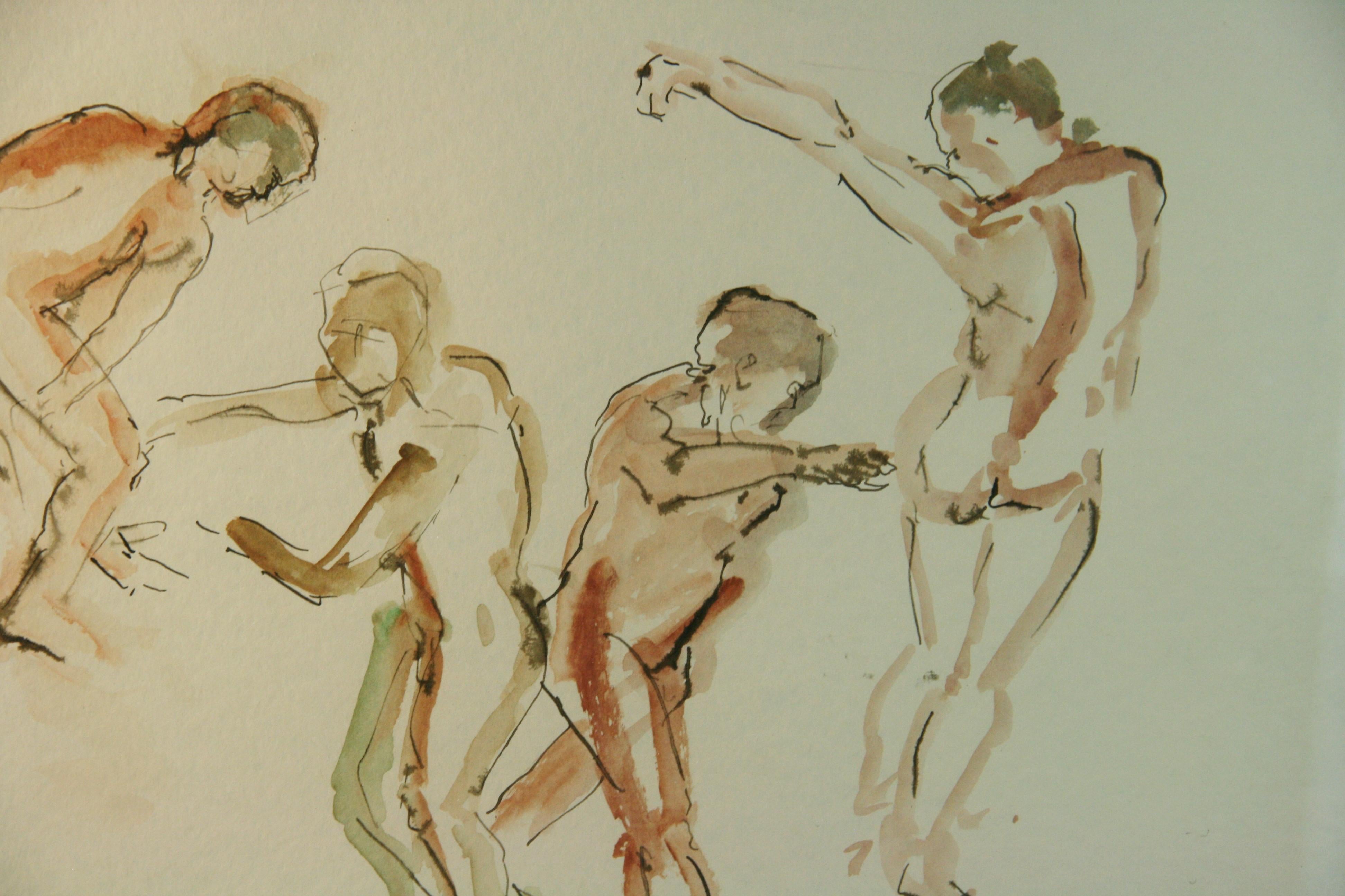 Cuatro hombres desnudos bailando Pintura al gouache 1976 en venta 2