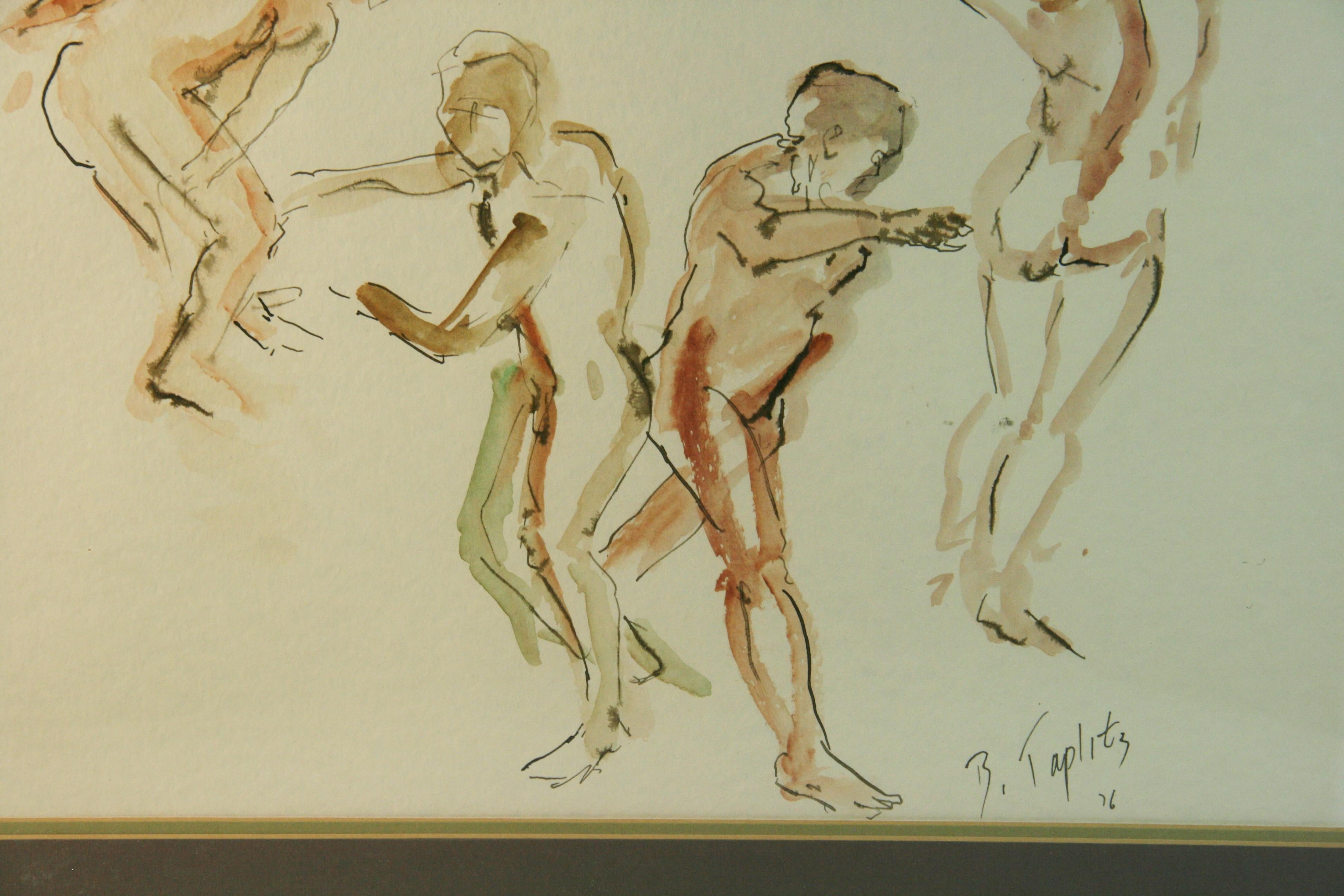 Cuatro hombres desnudos bailando Pintura al gouache 1976 en venta 3