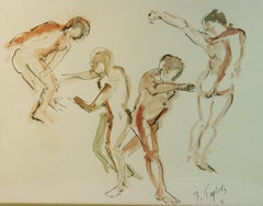 Four Dancing Nude Men Gouache Painting, Framed, 1976, 16.5x21.5"