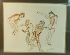 Four Dancing Nude Men Gouache Painting, Framed, 1976, 16.5x21.5"