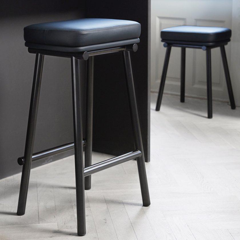 Tubby Tube Bar Stool with Black Frame & Black Leather Seat by Faye Toogood In New Condition For Sale In Brooklyn, NY
