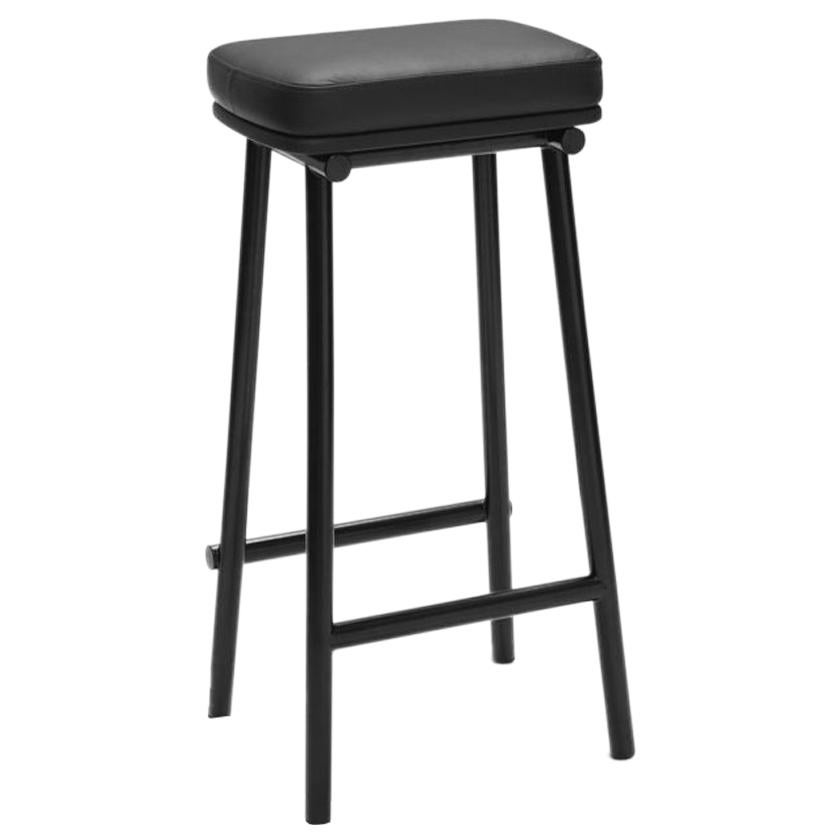Tubby Tube Bar Stool with Black Frame & Black Leather Seat by Faye Toogood