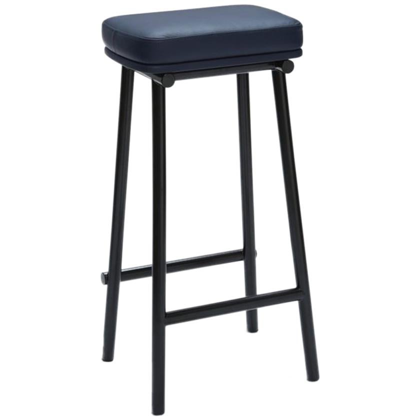 Tubby Tube Bar Stool with Black Frame & Navy Blue Leather Seat by Faye Toogood